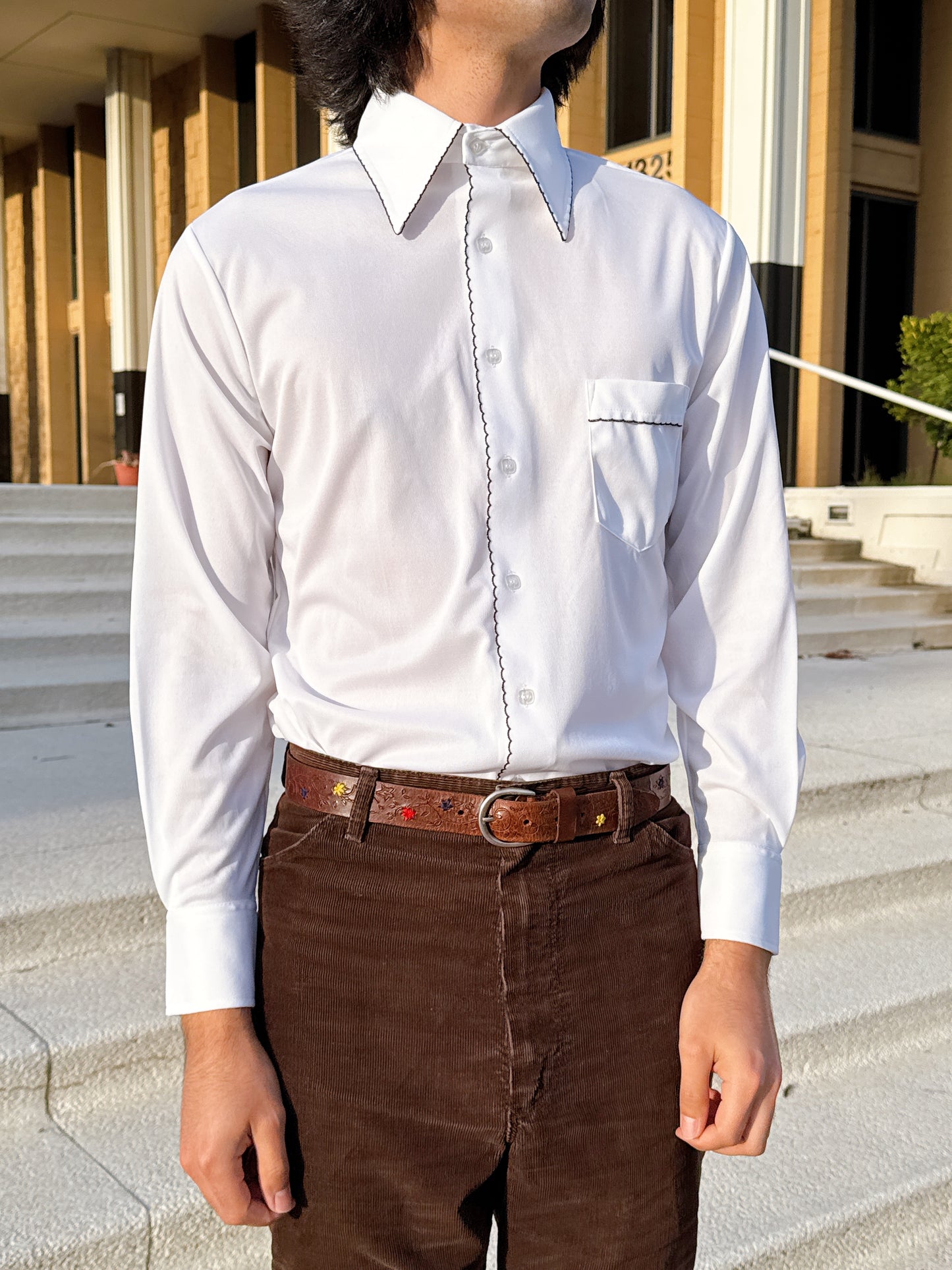1970s White and Black Scallop Trim Button Up Top