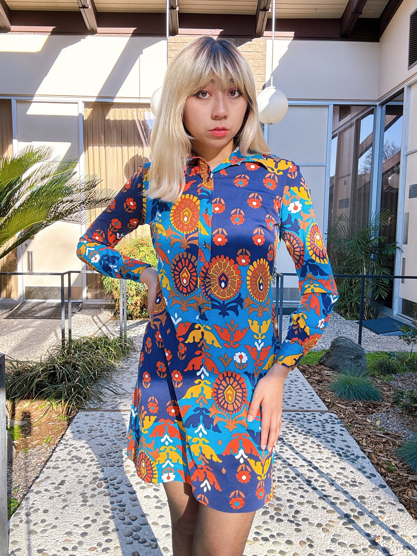 1960s Navy & Orange Floral Psychedelic Collar Mini Dress