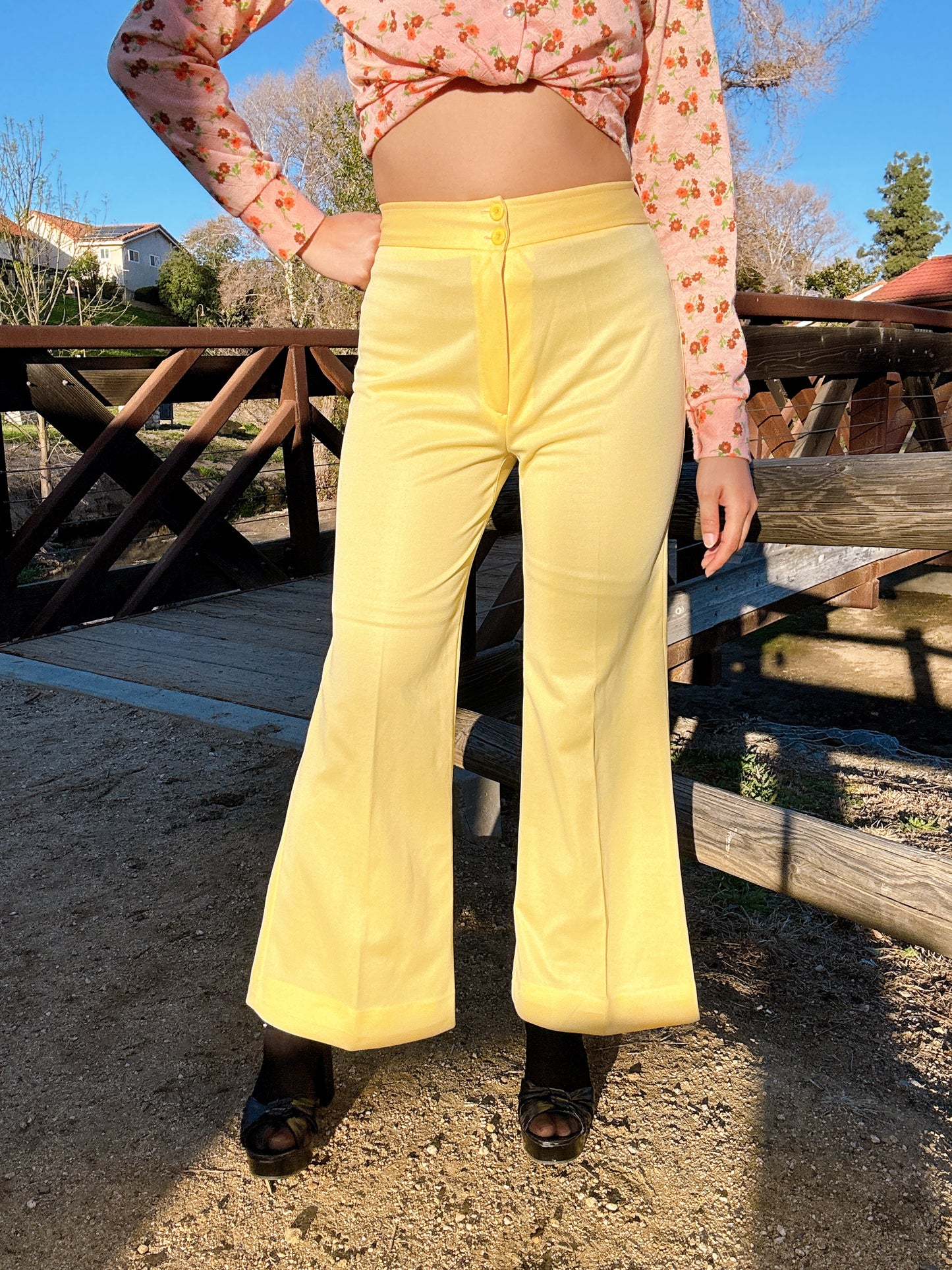 1970s Yellow Flared Polyester Pants
