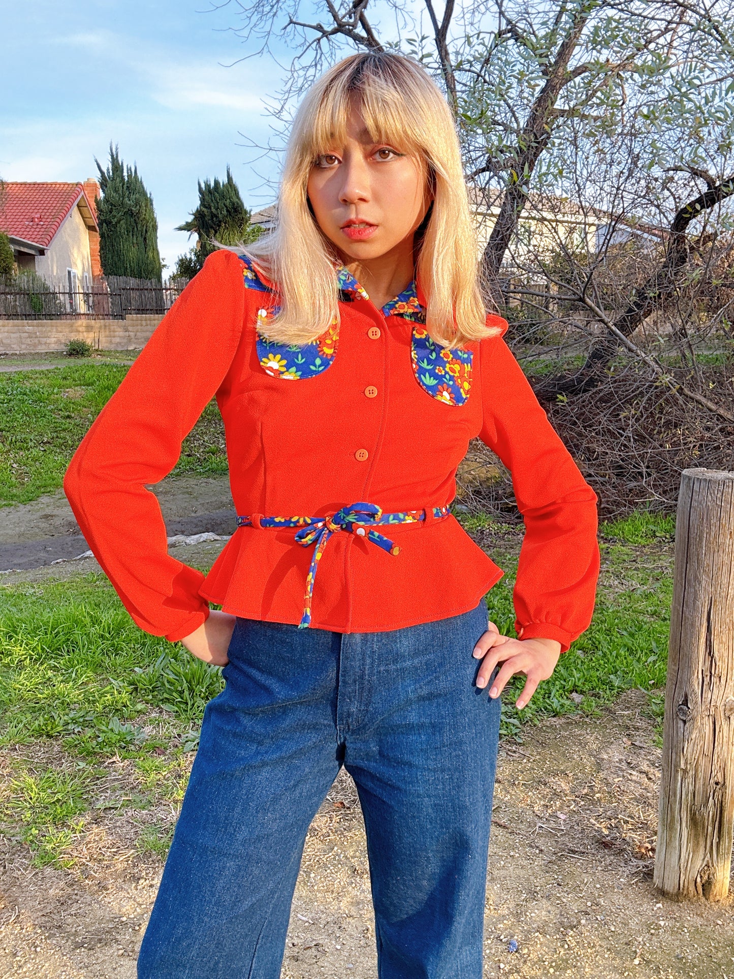 1970s Blue Floral & Red Polyester Peplum Top with Beagle Collar