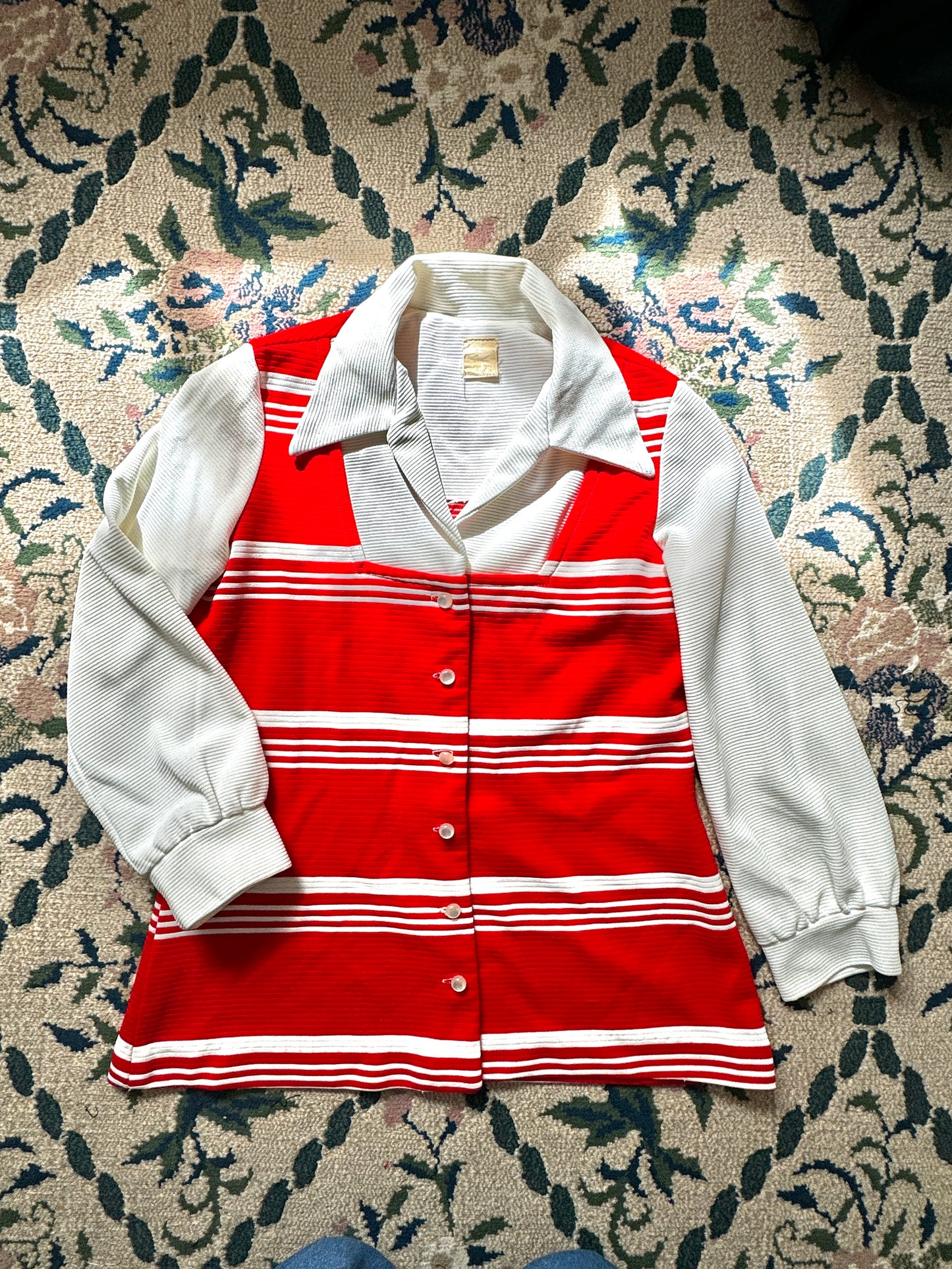 1970s Red and White Big Collar Striped Polyester Top