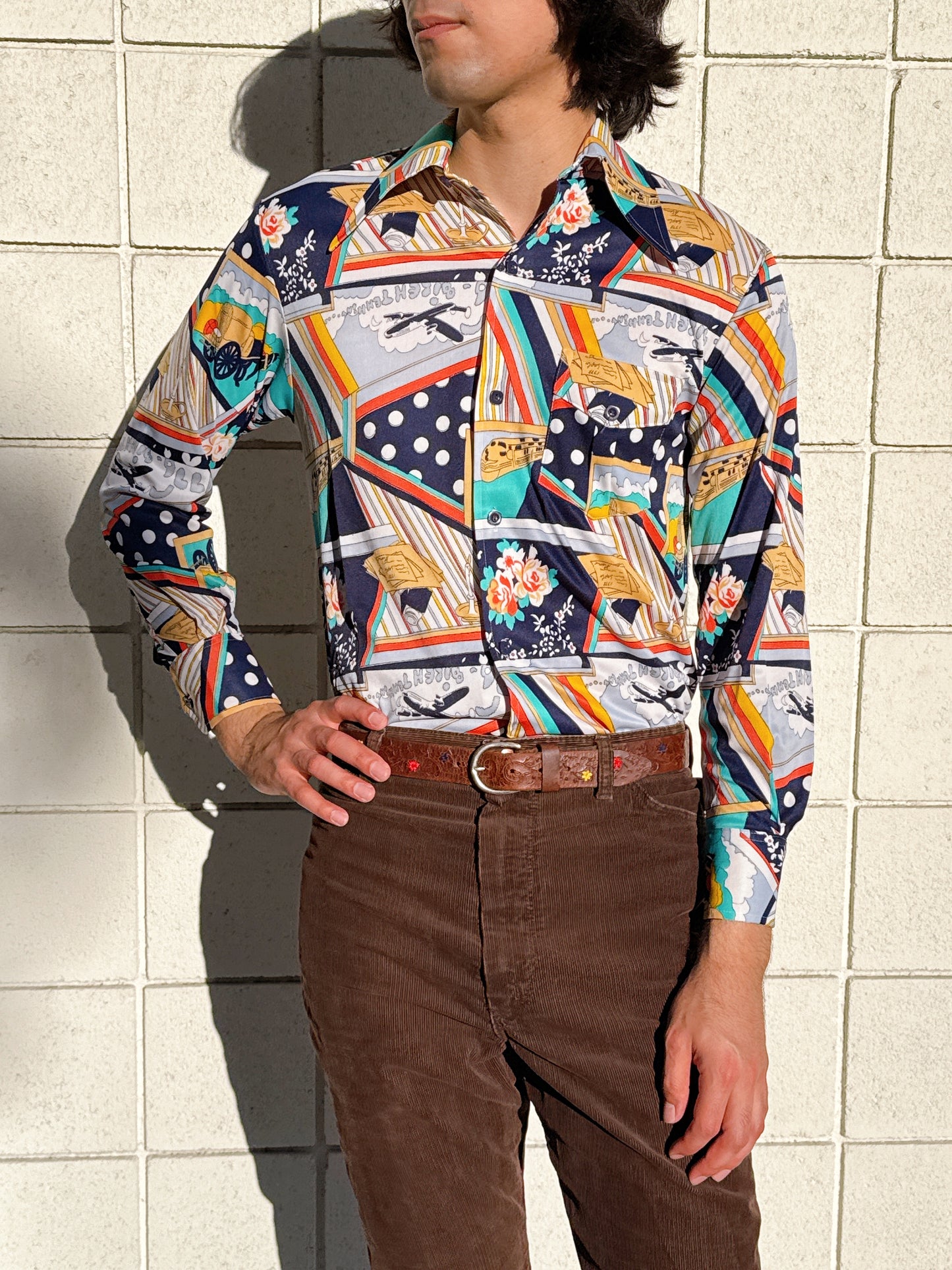 1970s Bicentennial Novelty Abstract Nylon Button Up Top
