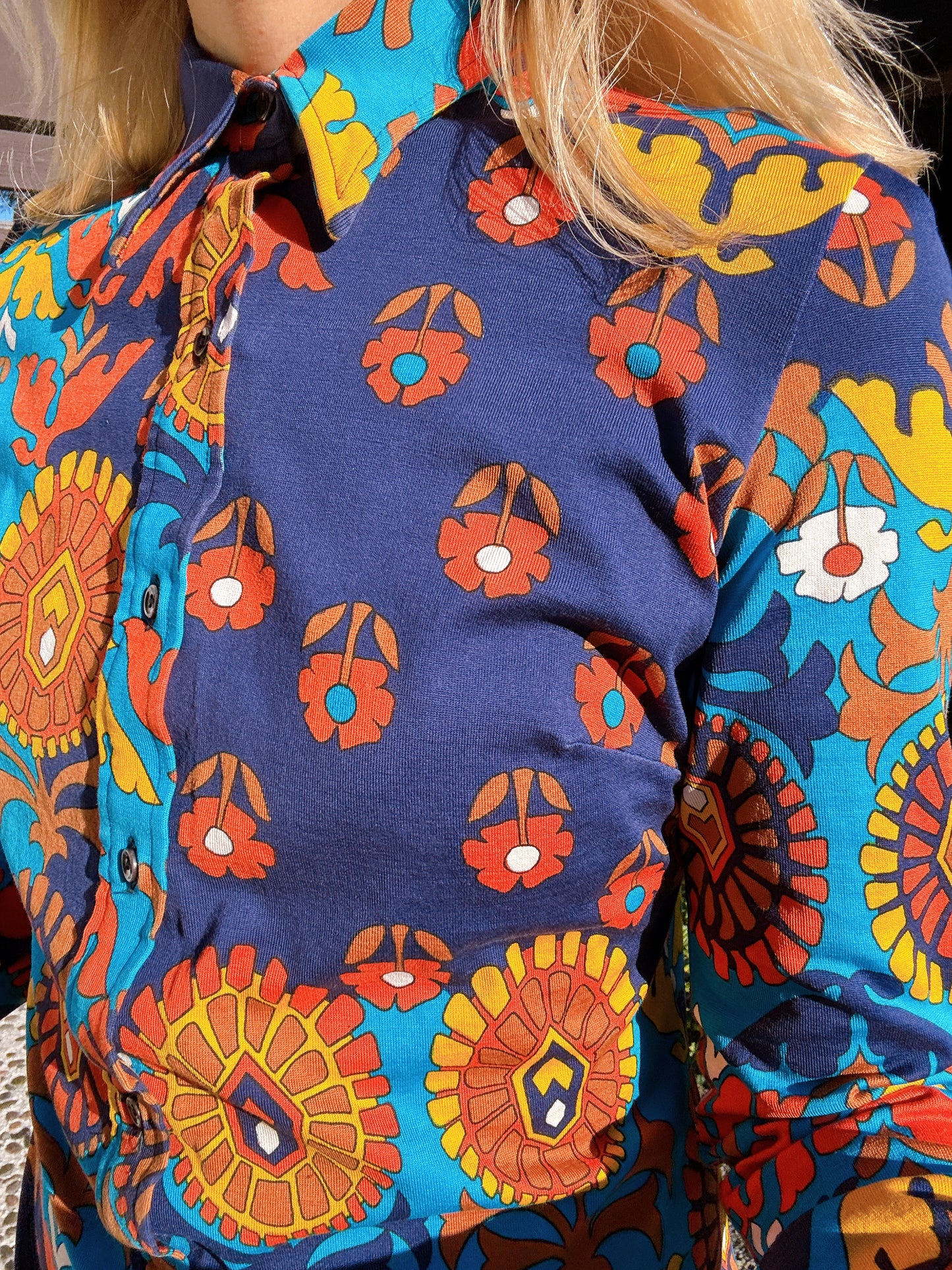 1960s Navy & Orange Floral Psychedelic Collar Mini Dress