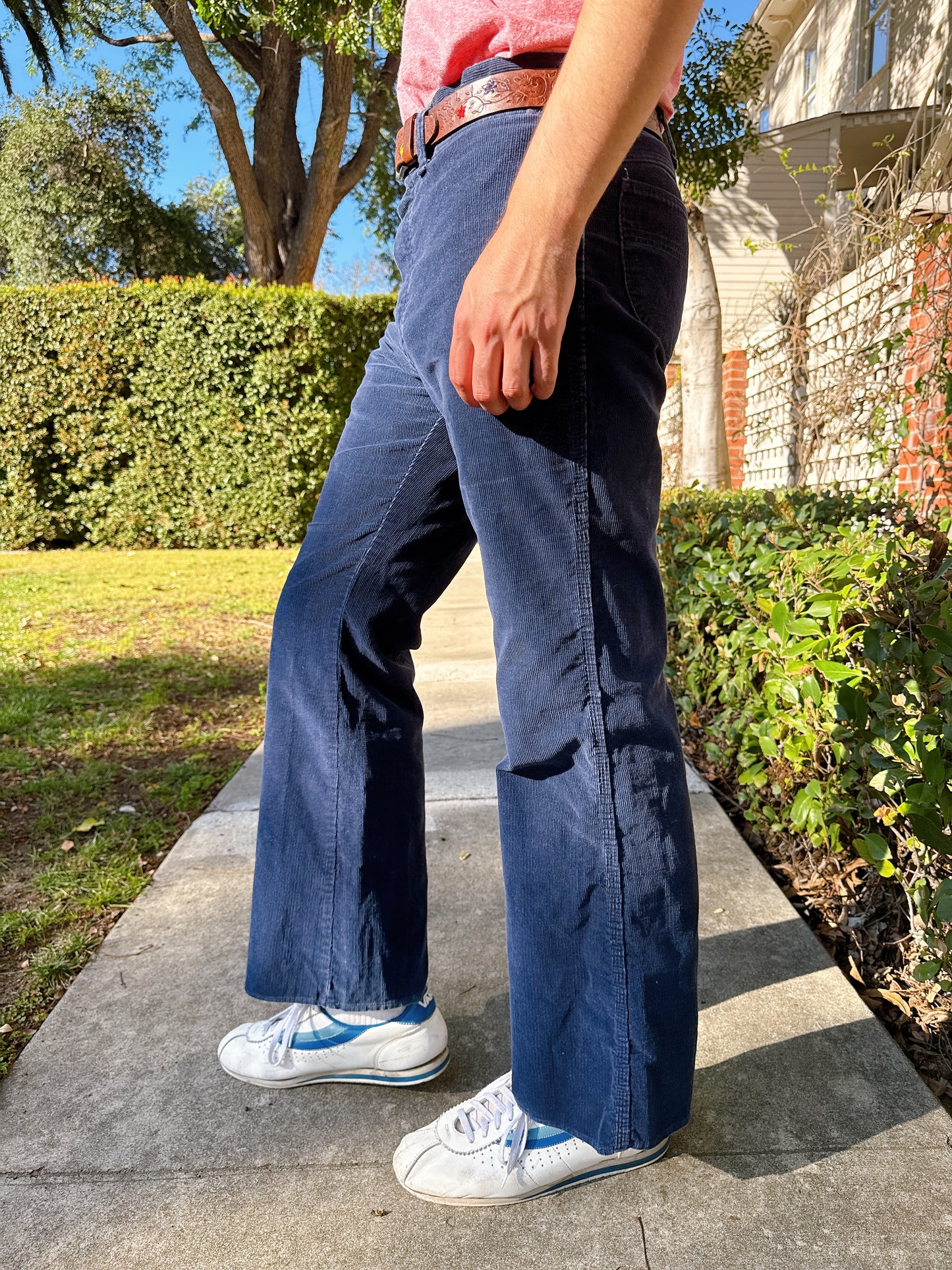 1970s Navy Corduroy Flared Pants w/ Embroidered Shooting Star Novelty Back Pocket Stitching by Sedgefield