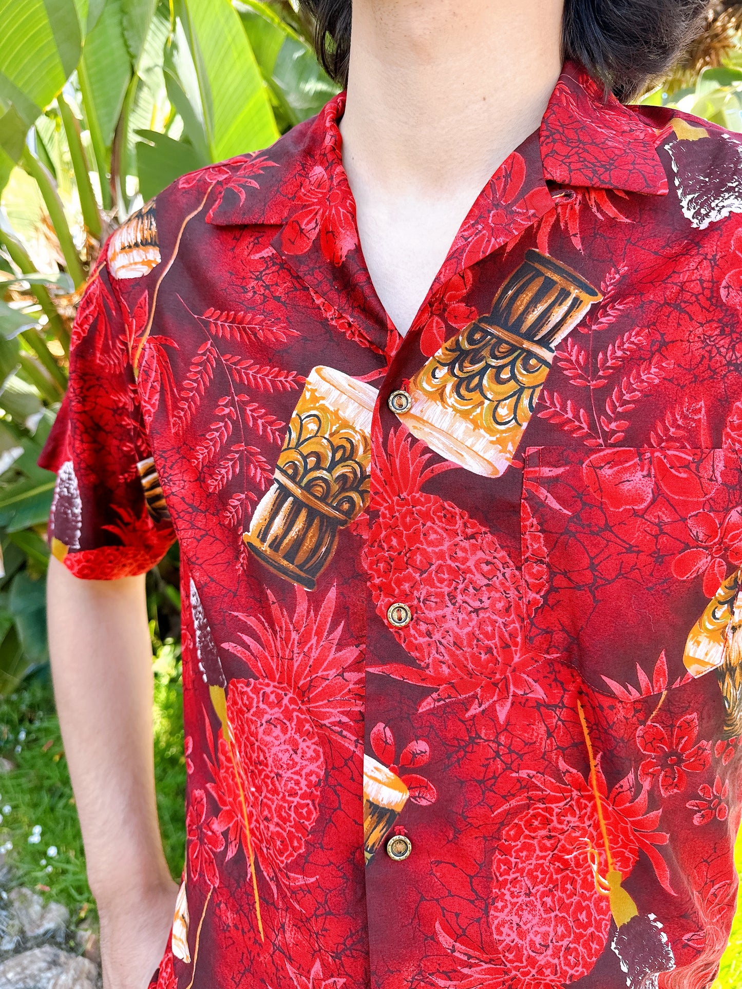 1950s / 1960s Bongos & Pineapples Red Hawaiian Shirt
