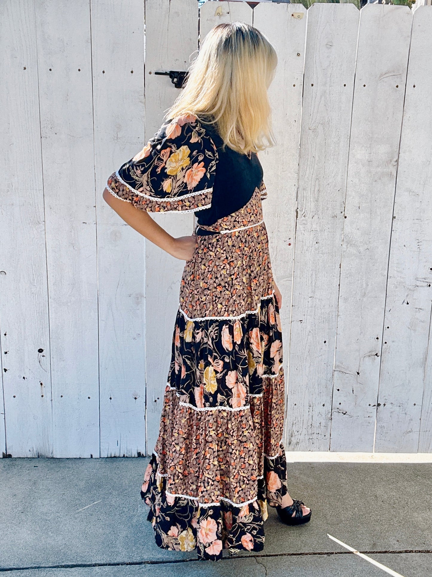 1970s Floral & Velvet Rayon Maxi Dress with Flutter Sleeves