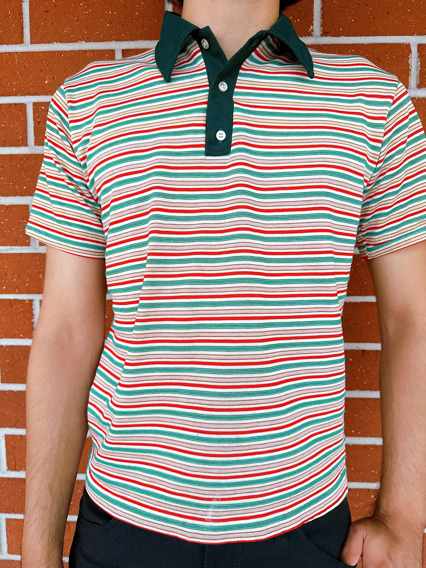 1970s Green, Yellow, Red Striped Knit Polo Top