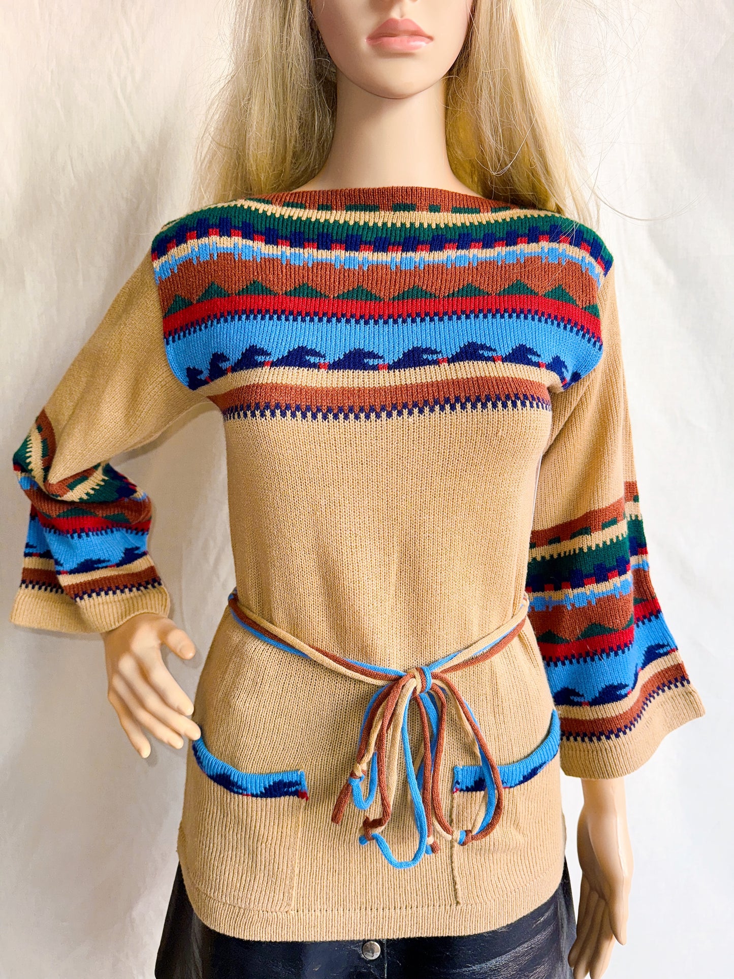 1970s Southwestern Style Acrylic Bell Sleeve Sweater