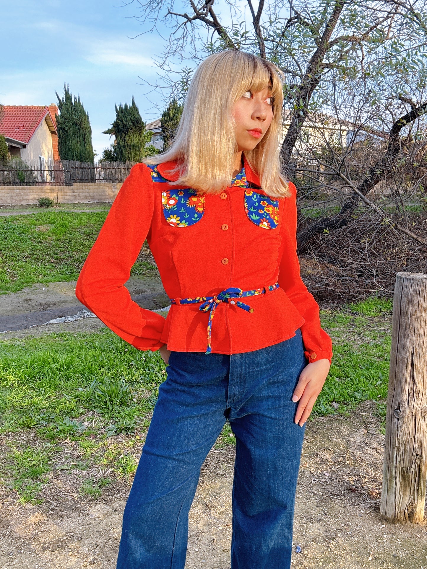 1970s Blue Floral & Red Polyester Peplum Top with Beagle Collar