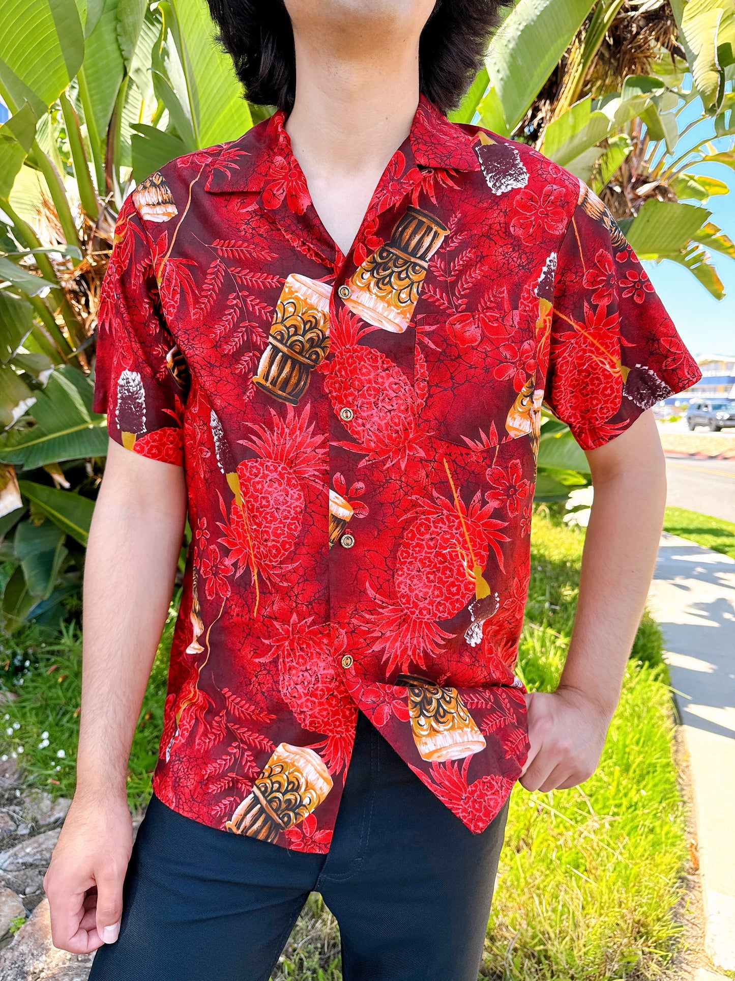 1950s / 1960s Bongos & Pineapples Red Hawaiian Shirt