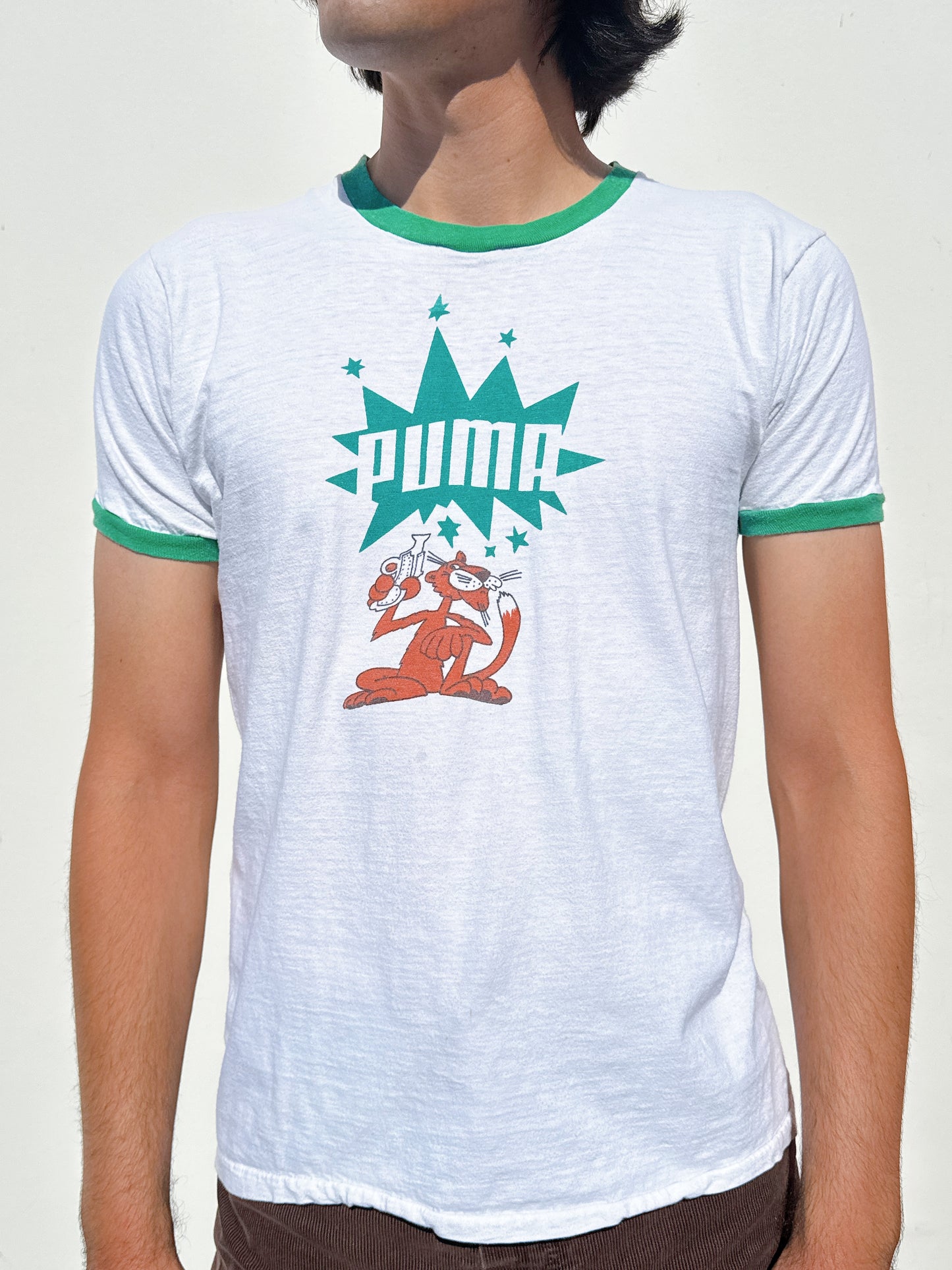 1970s 1980s Puma Panther Pistol White & Green Ringer T-Shirt