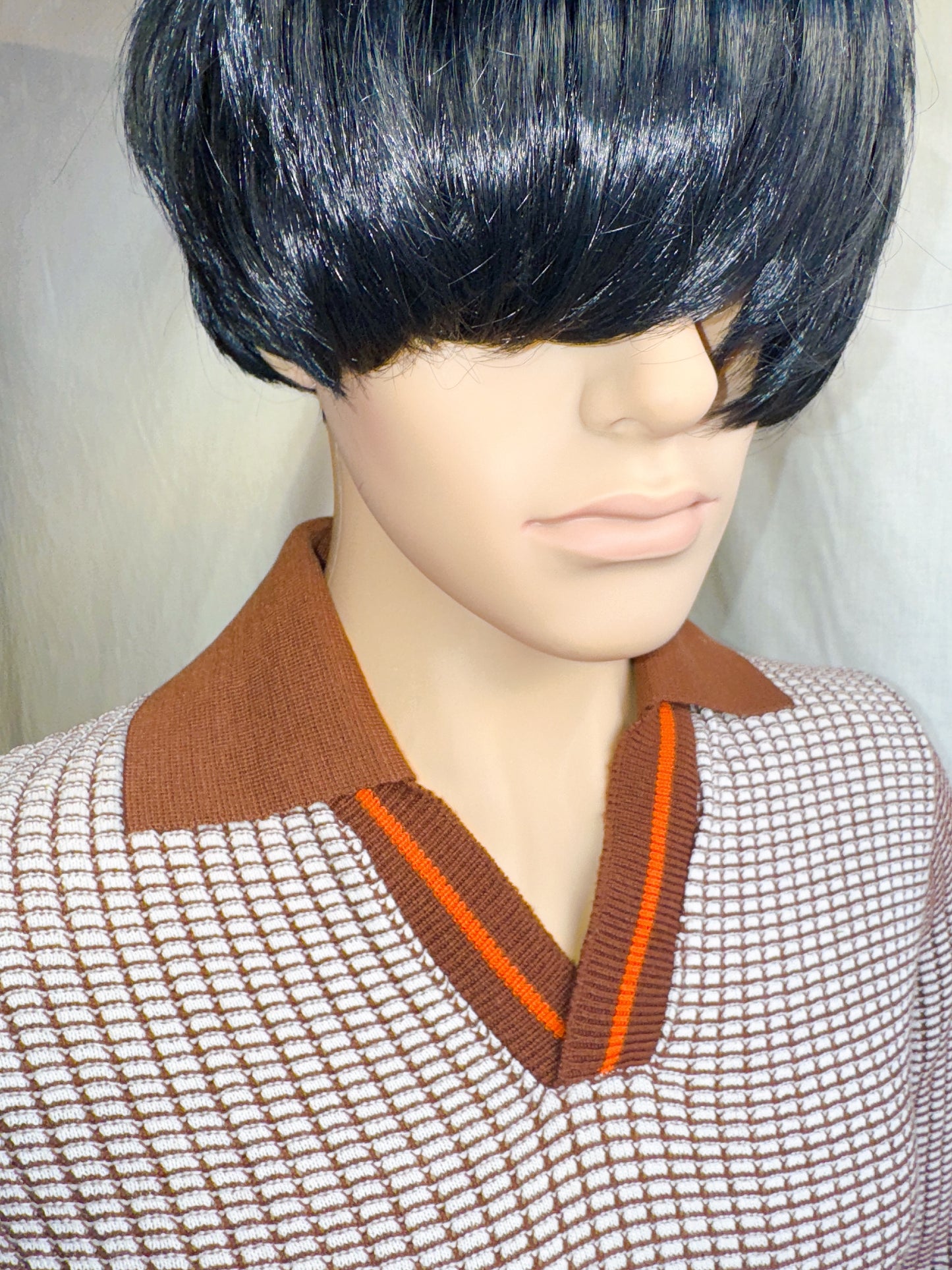 1970s Brown, Orange, White V-Neck Collar Pullover Knit Top