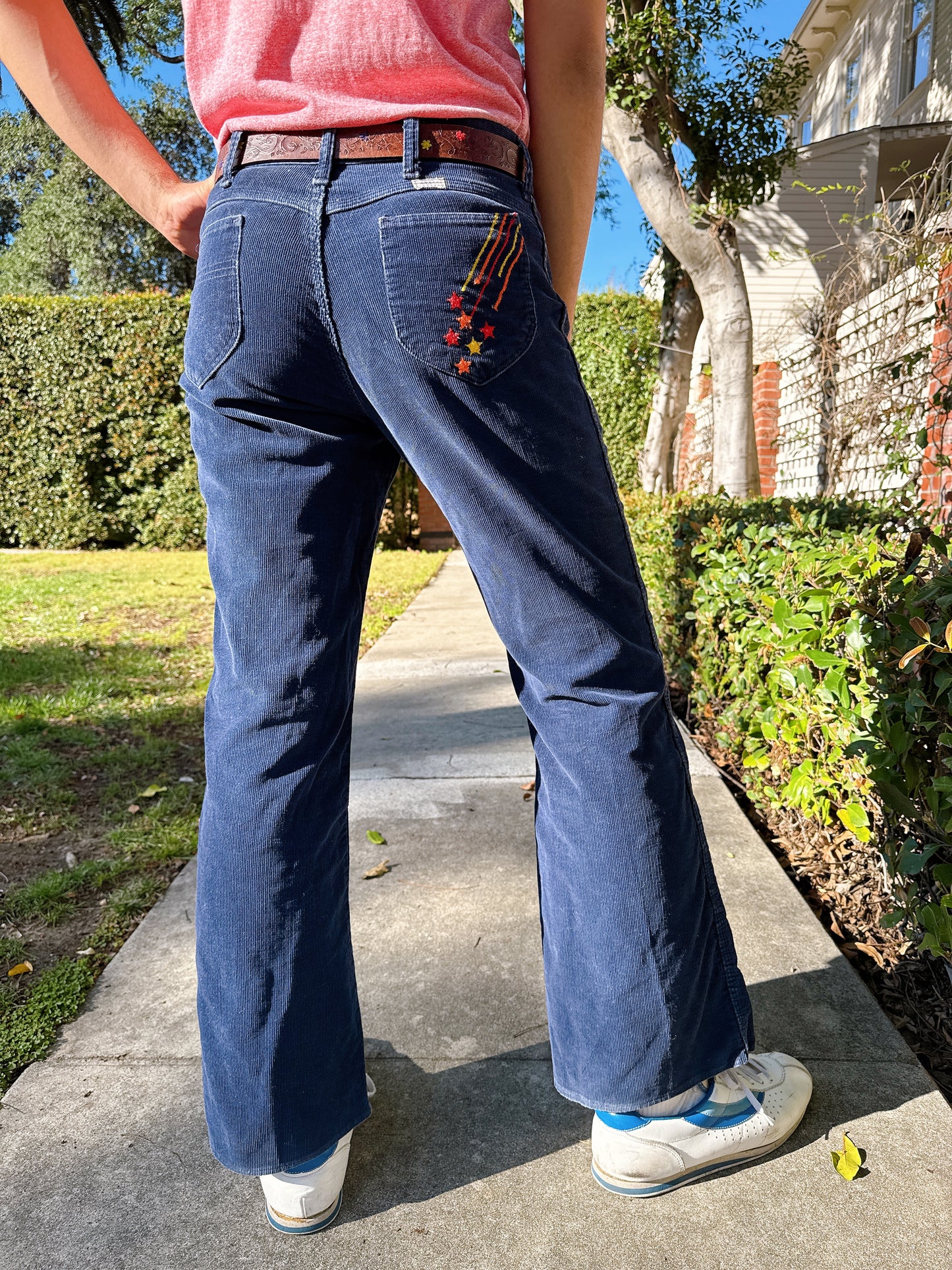 1970s Navy Corduroy Flared Pants w/ Embroidered Shooting Star Novelty Back Pocket Stitching by Sedgefield