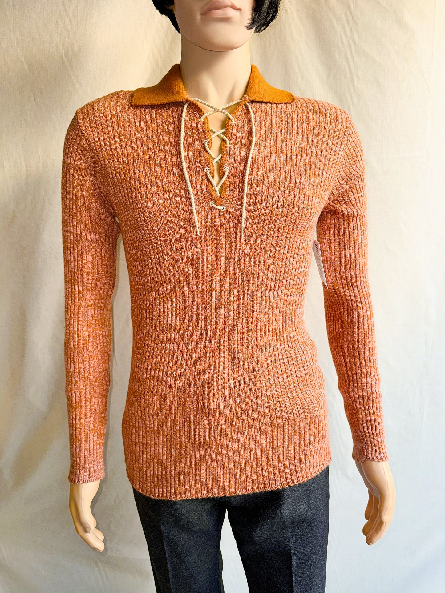 1970s Peachy Orange Heather Tie-Up Pullover Knit Top