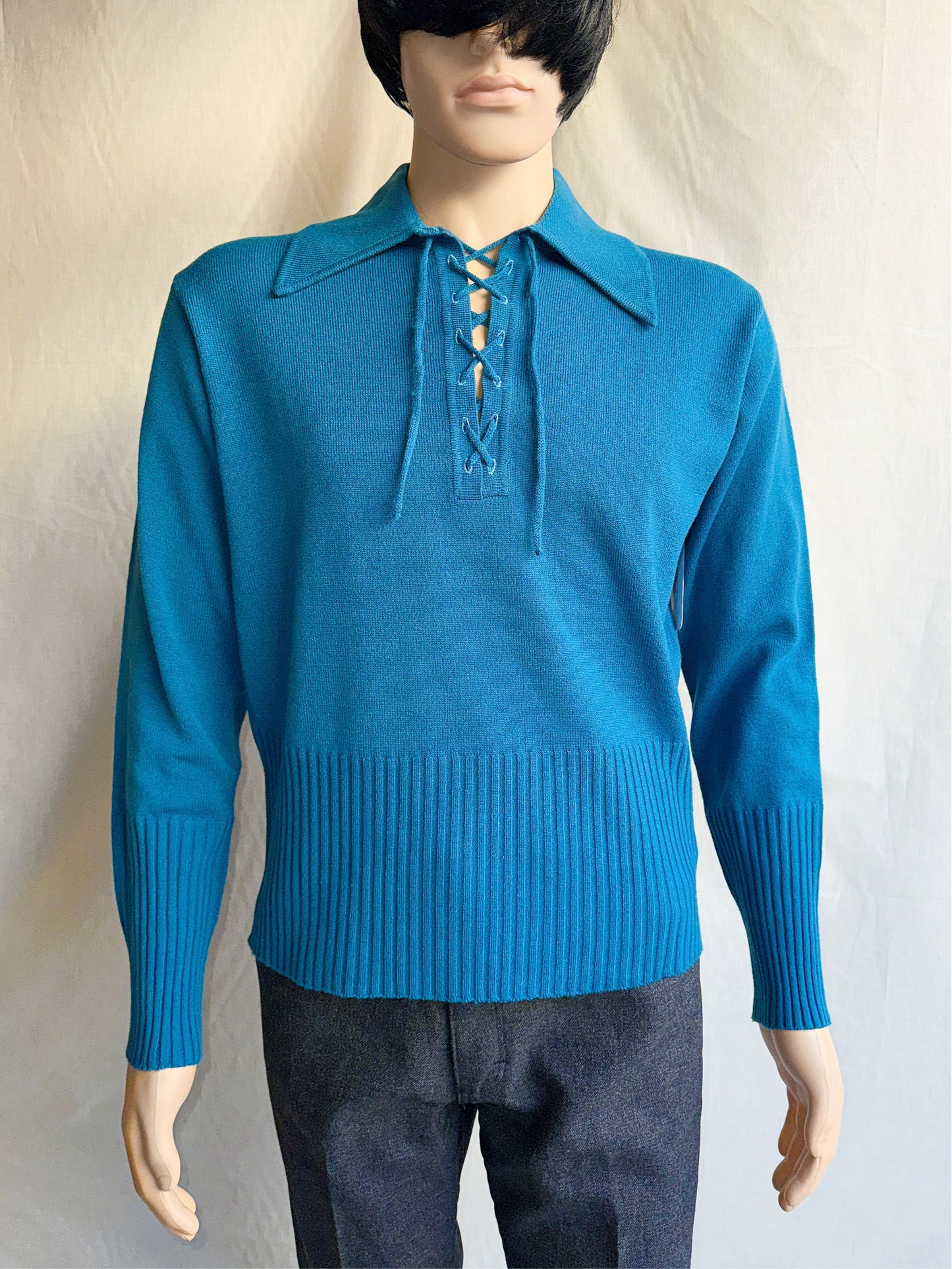 1970s Blue Dagger Collar Lace Up Acrylic Top