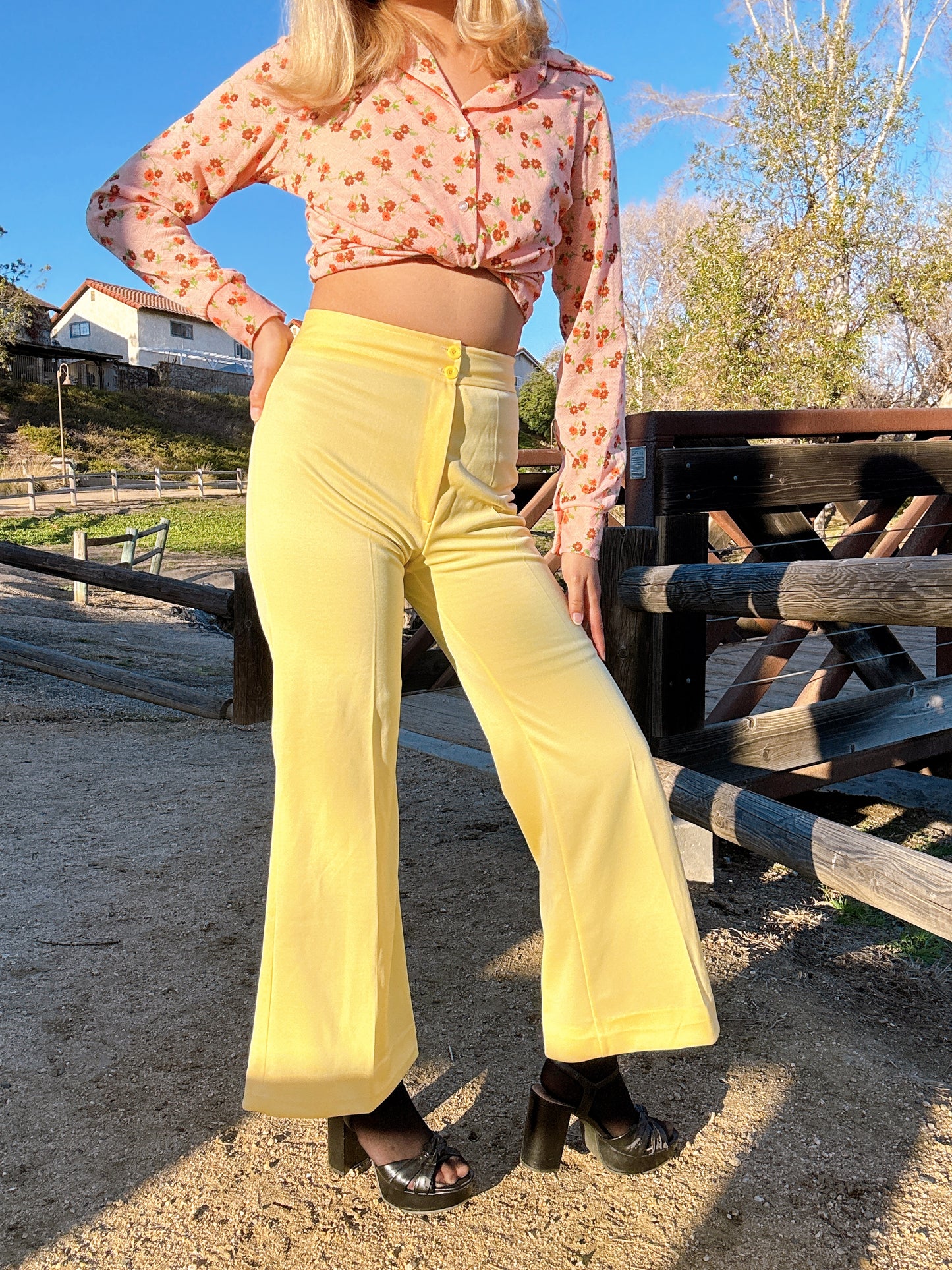 1970s Yellow Flared Polyester Pants