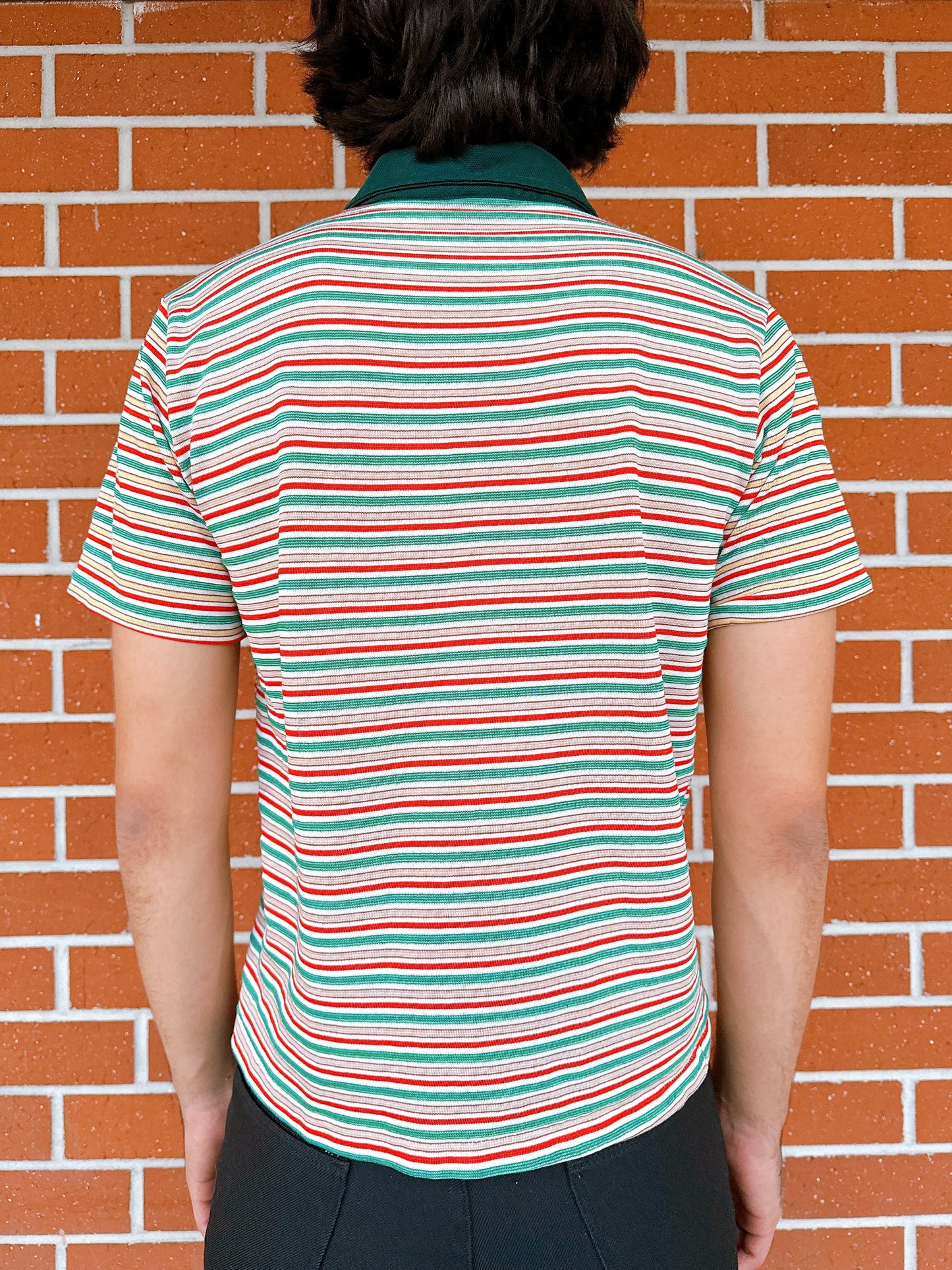 1970s Green, Yellow, Red Striped Knit Polo Top