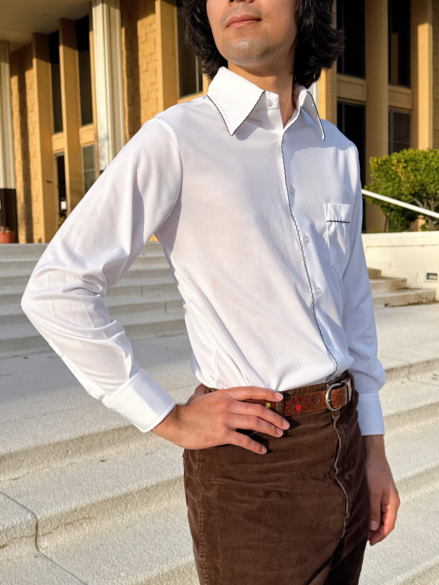 1970s White and Black Scallop Trim Button Up Top