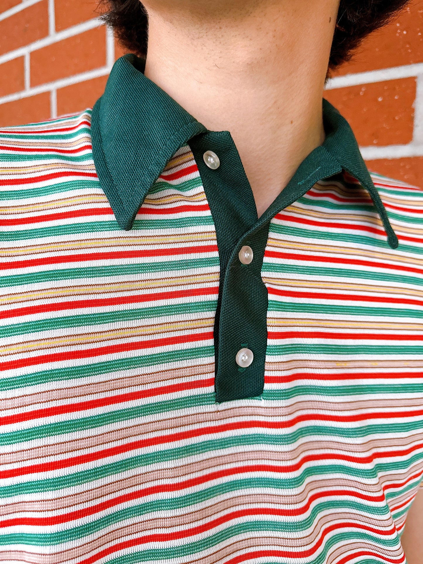 1970s Green, Yellow, Red Striped Knit Polo Top