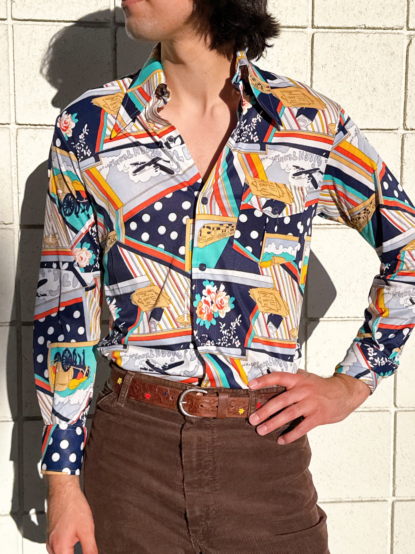 1970s Bicentennial Novelty Abstract Nylon Button Up Top