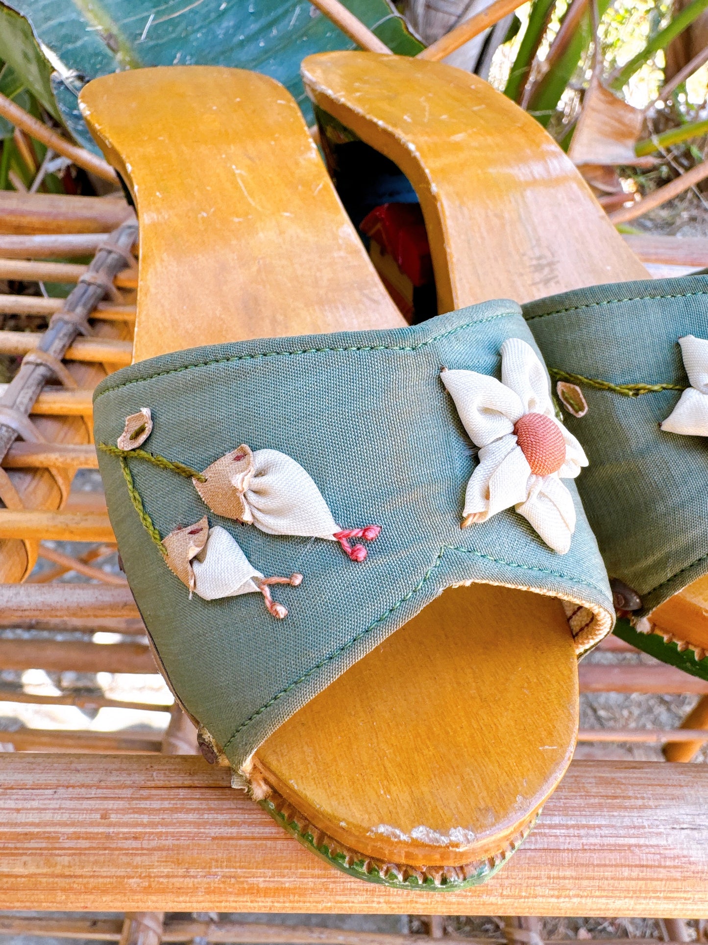 1940s WWII Hand Carved Wooden Wedge Sandals Made in Philippines