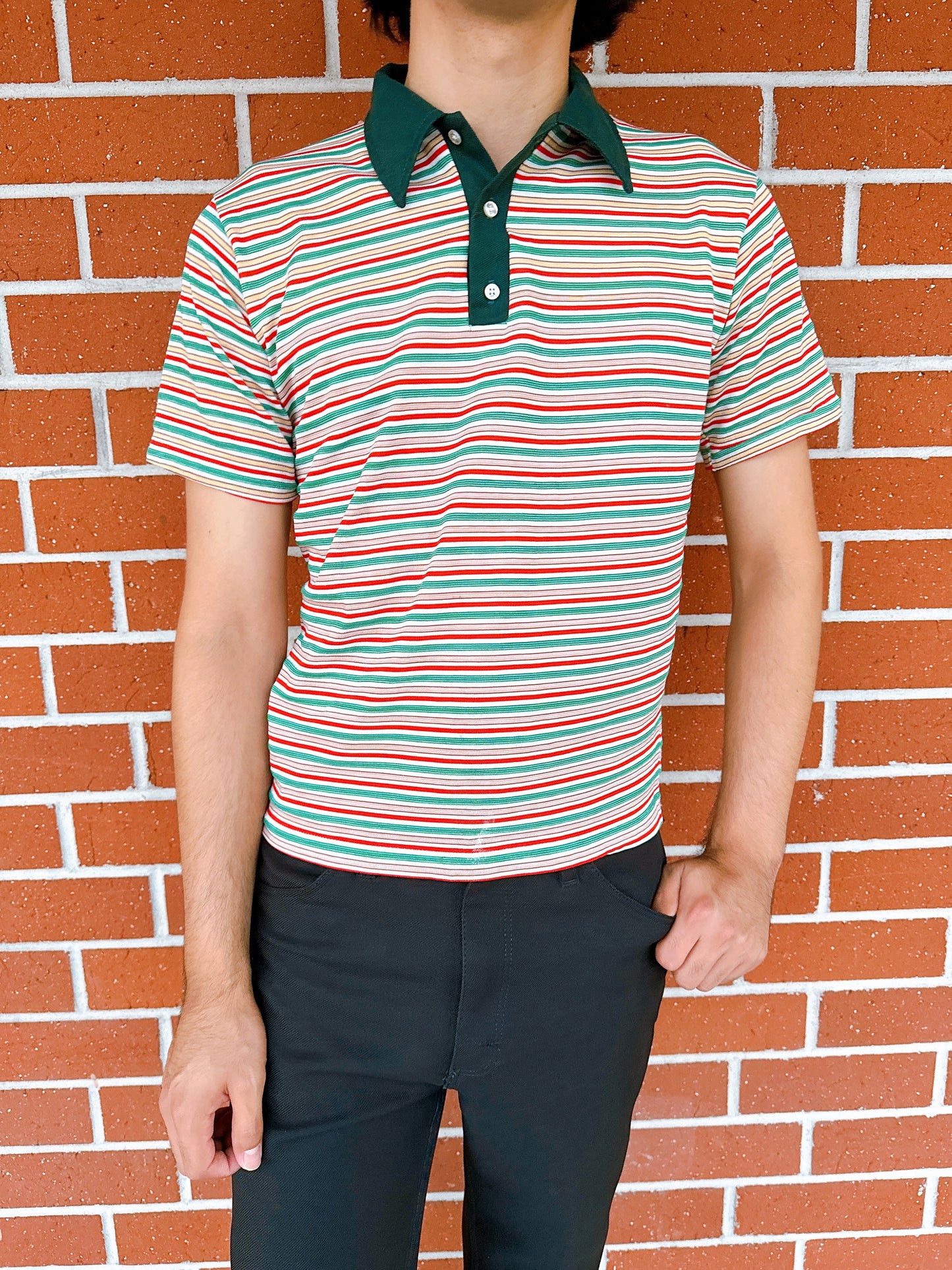 1970s Green, Yellow, Red Striped Knit Polo Top