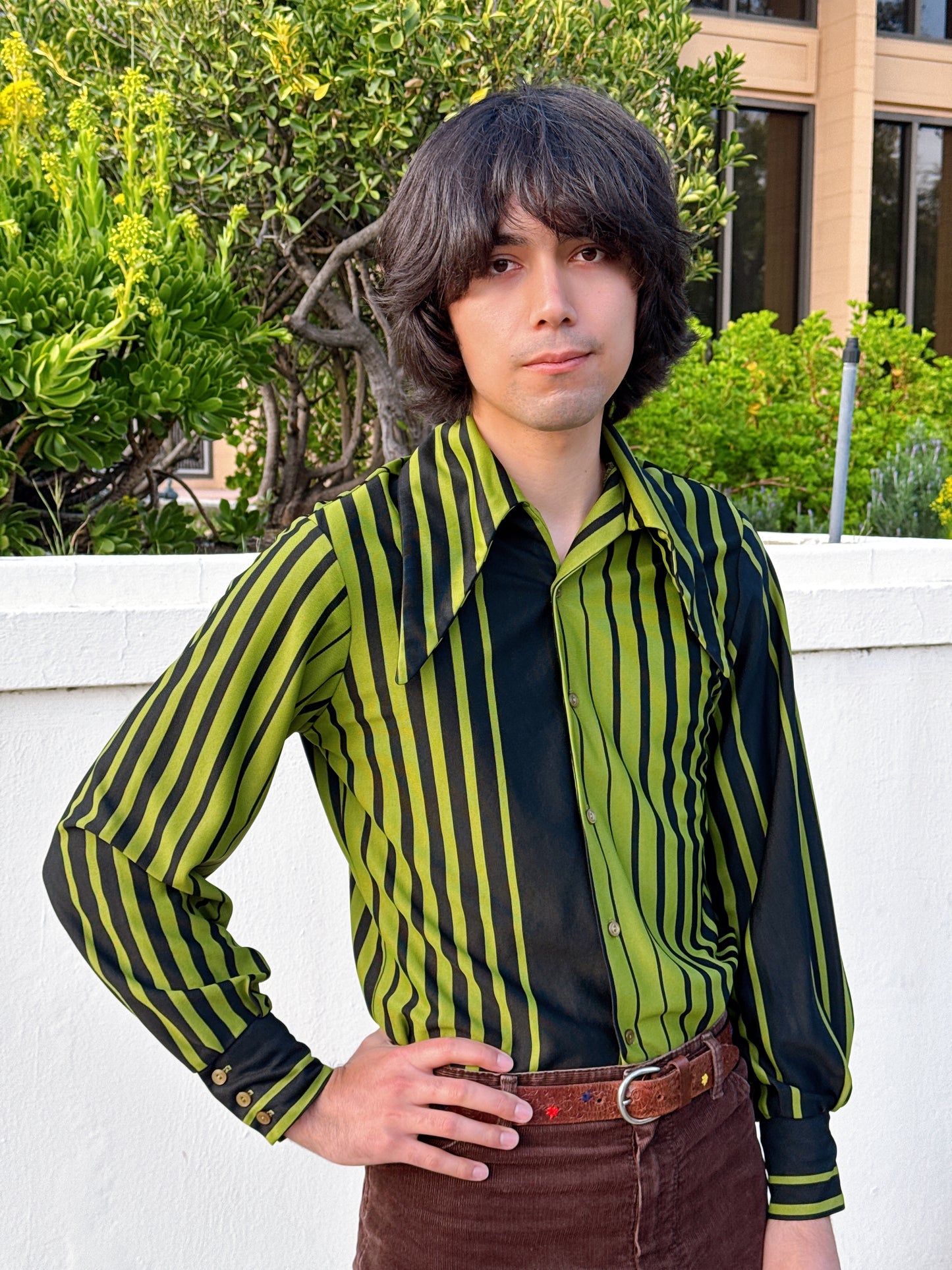 RARE 1970s Green & Black HUGE Dagger Collar Button Up Top