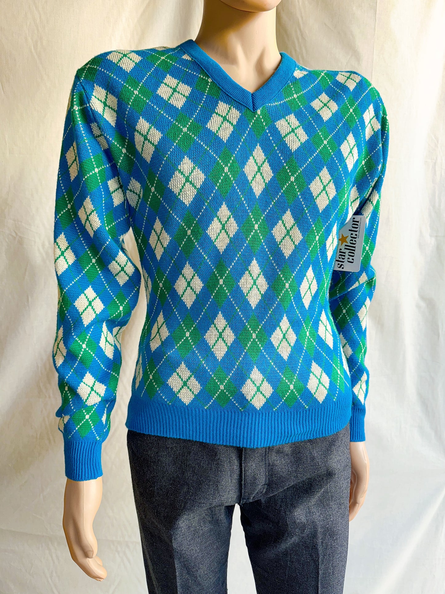 1970s Bright Blue, White, Green Argyle V-Neck Sweater