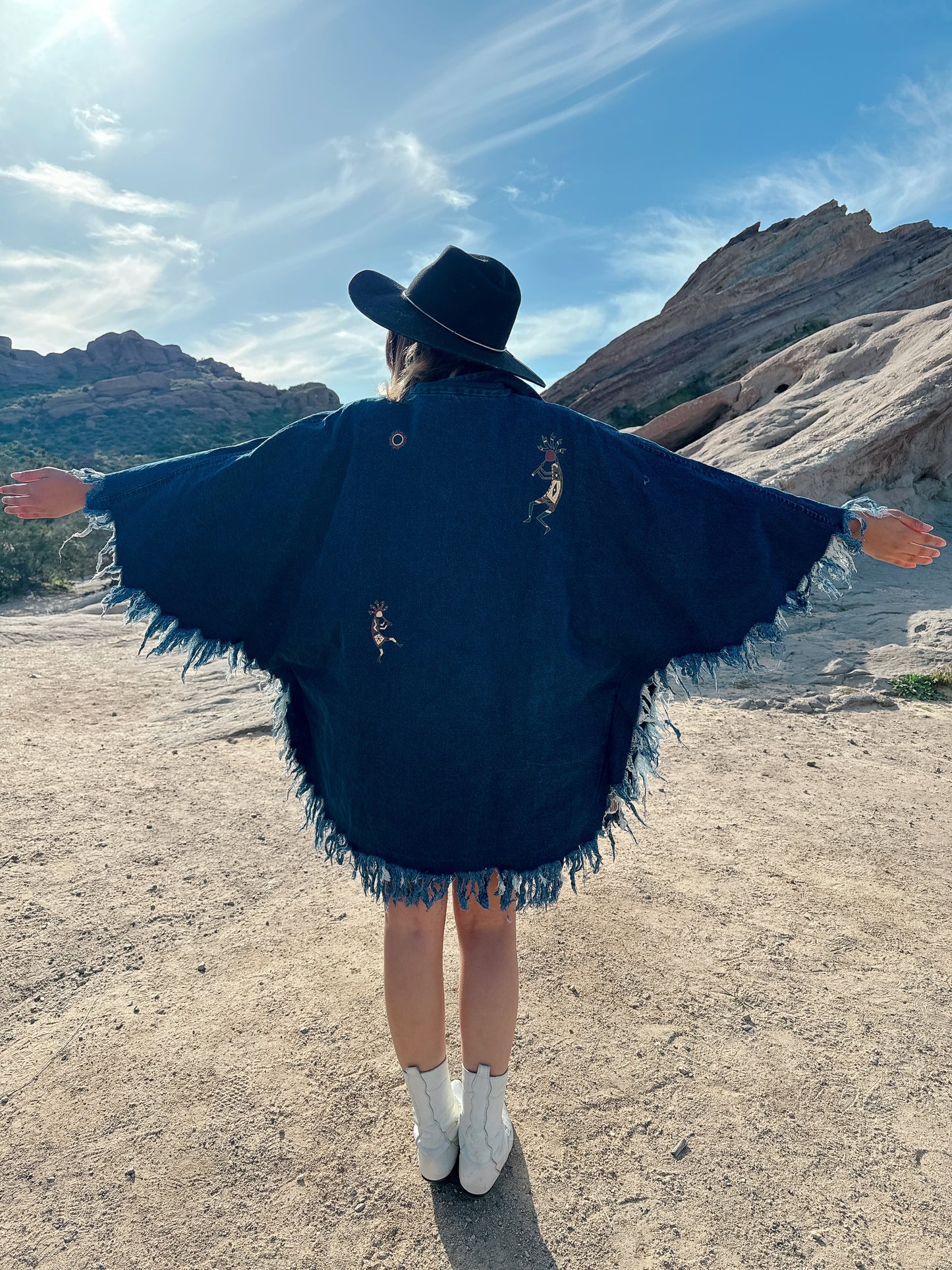 1990s Novelty Ethnic Denim Fringe Cape Jacket