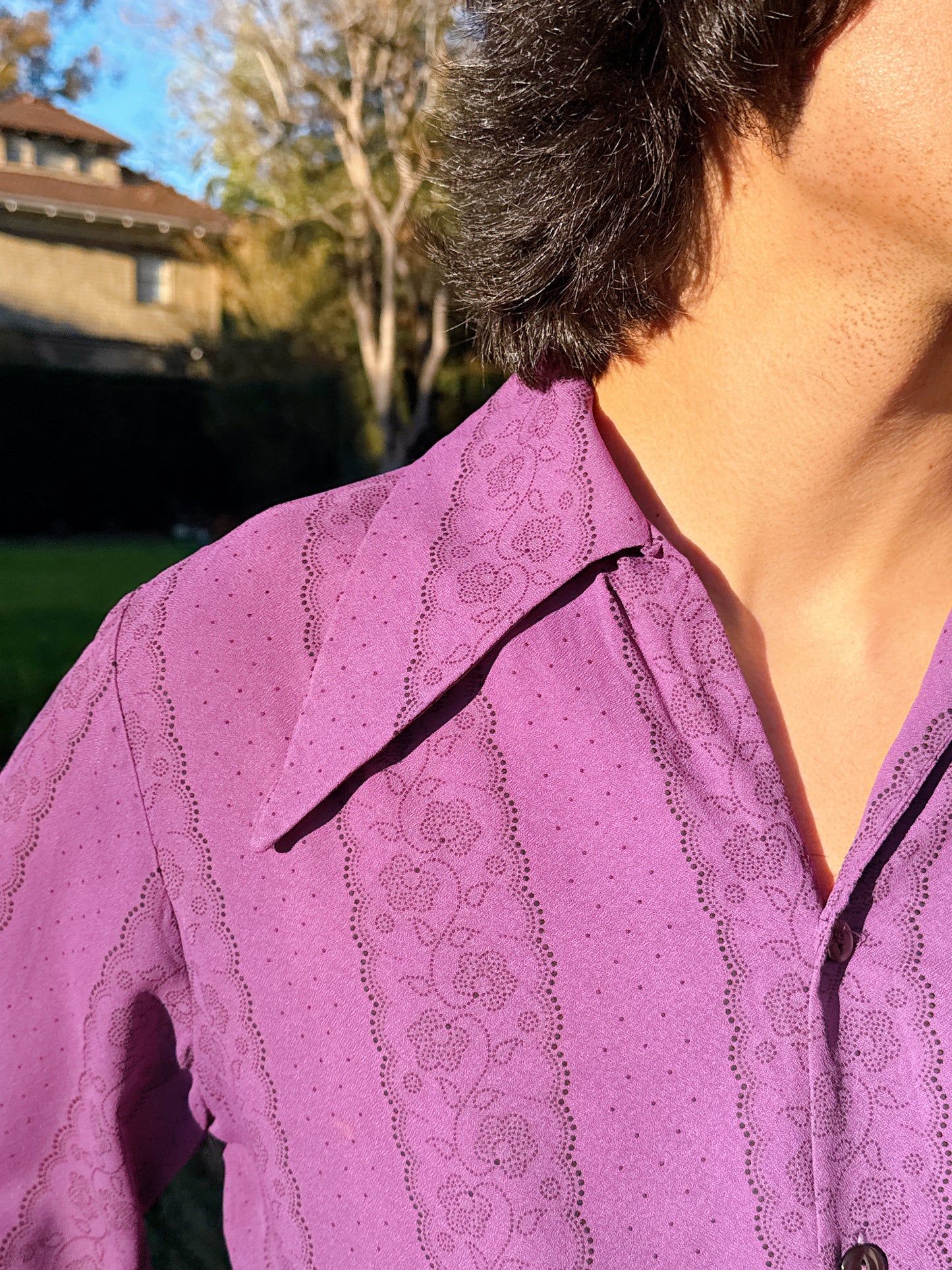RARE 1970s Purple Floral HUGE Dagger Collar w/ Bishop Sleeves Button Up Top