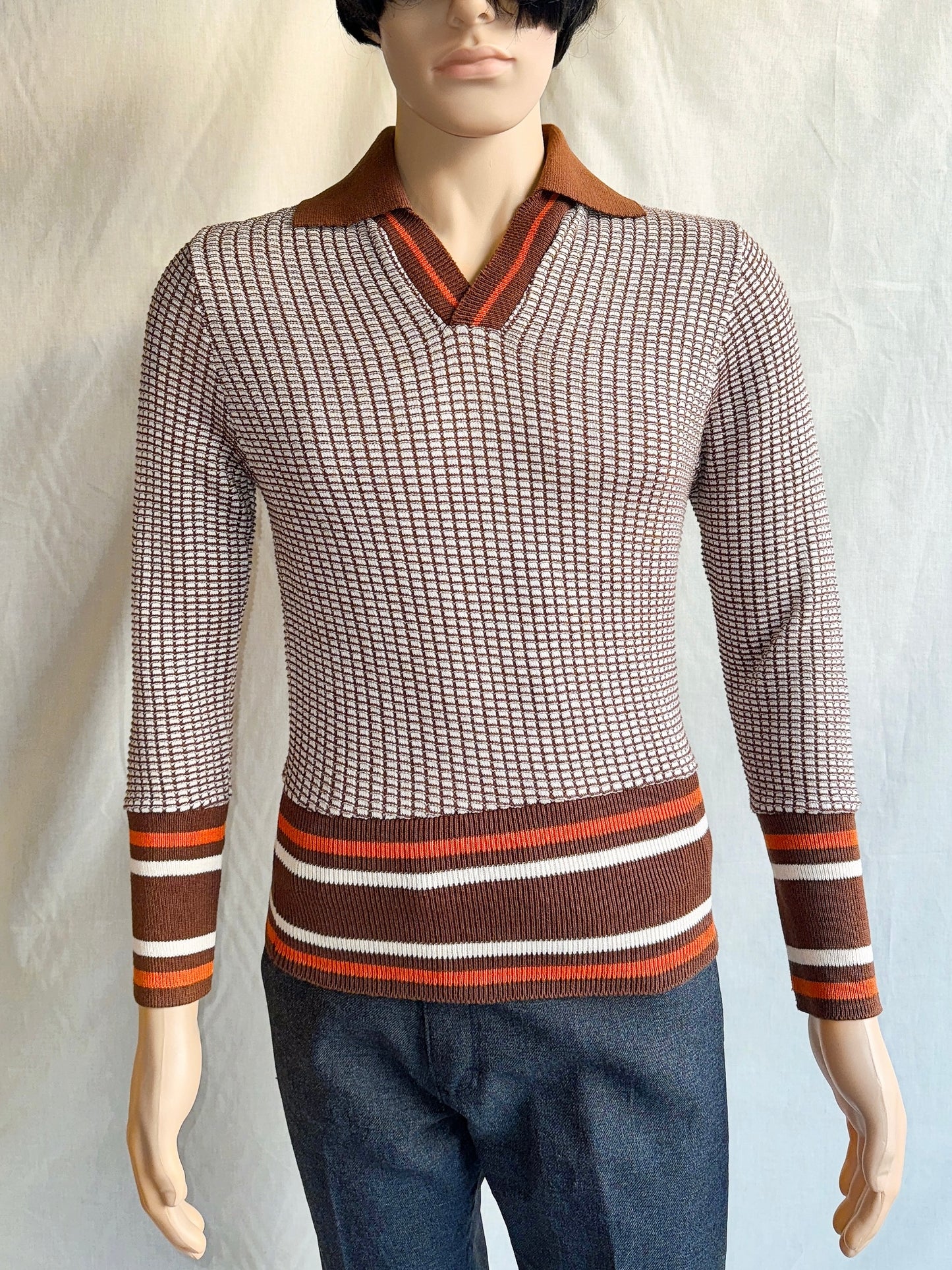 1970s Brown, Orange, White V-Neck Collar Pullover Knit Top