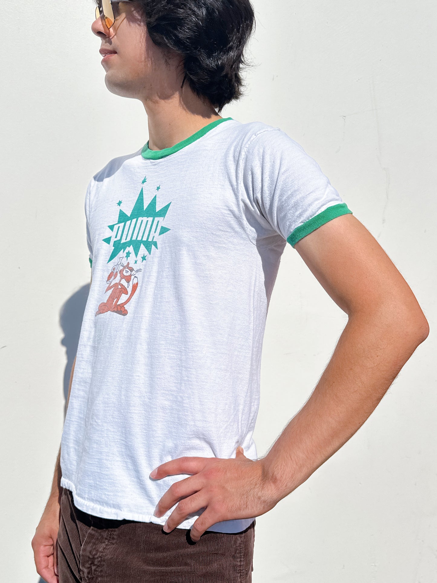 1970s 1980s Puma Panther Pistol White & Green Ringer T-Shirt