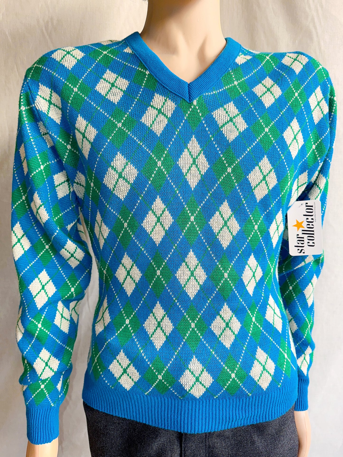 1970s Bright Blue, White, Green Argyle V-Neck Sweater
