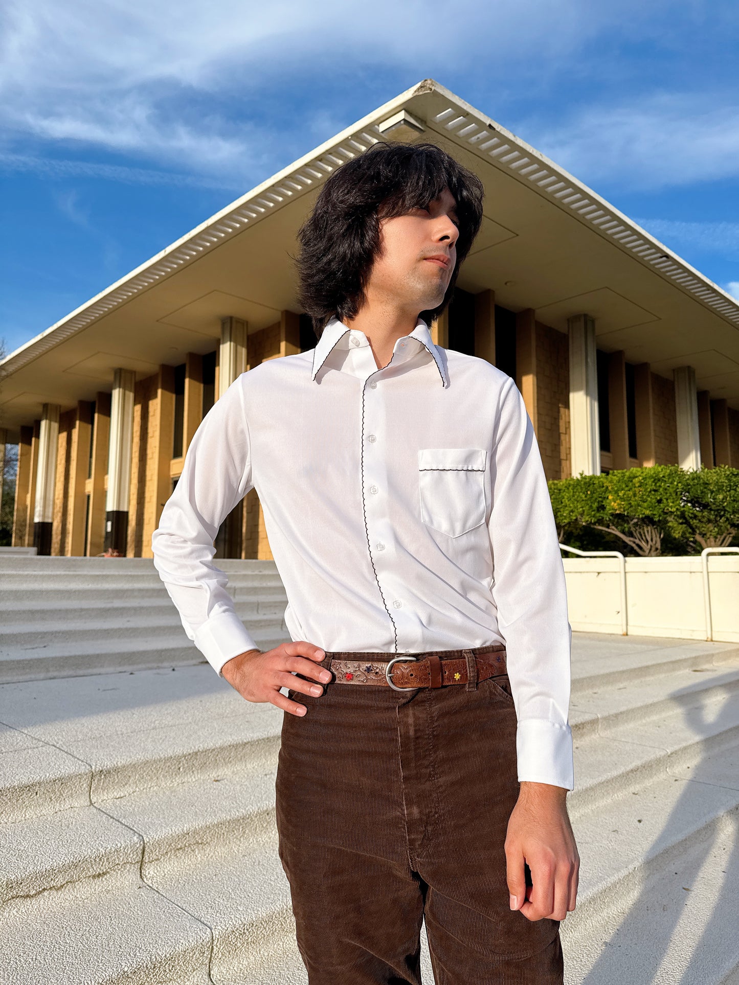 1970s White and Black Scallop Trim Button Up Top