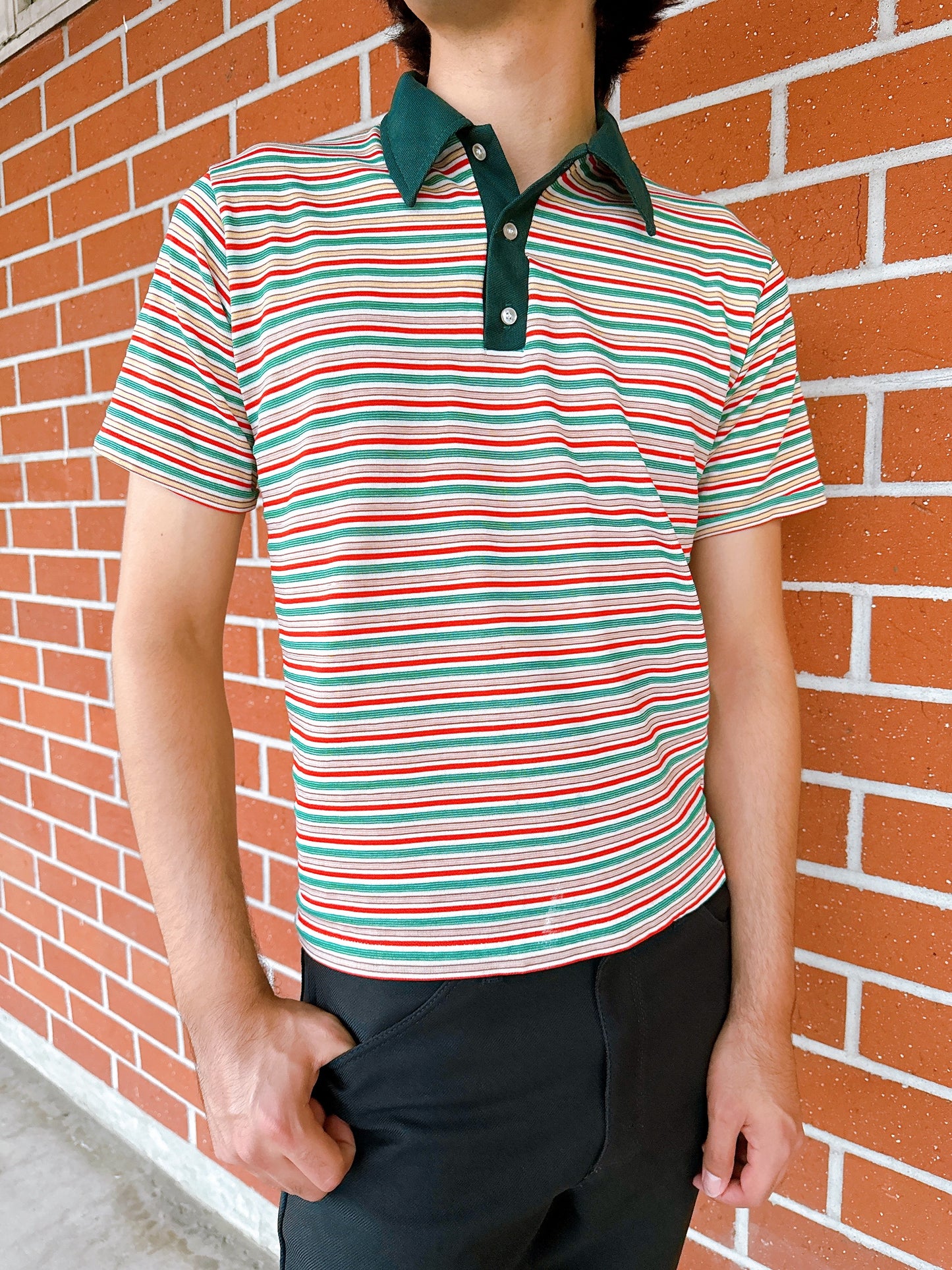 1970s Green, Yellow, Red Striped Knit Polo Top