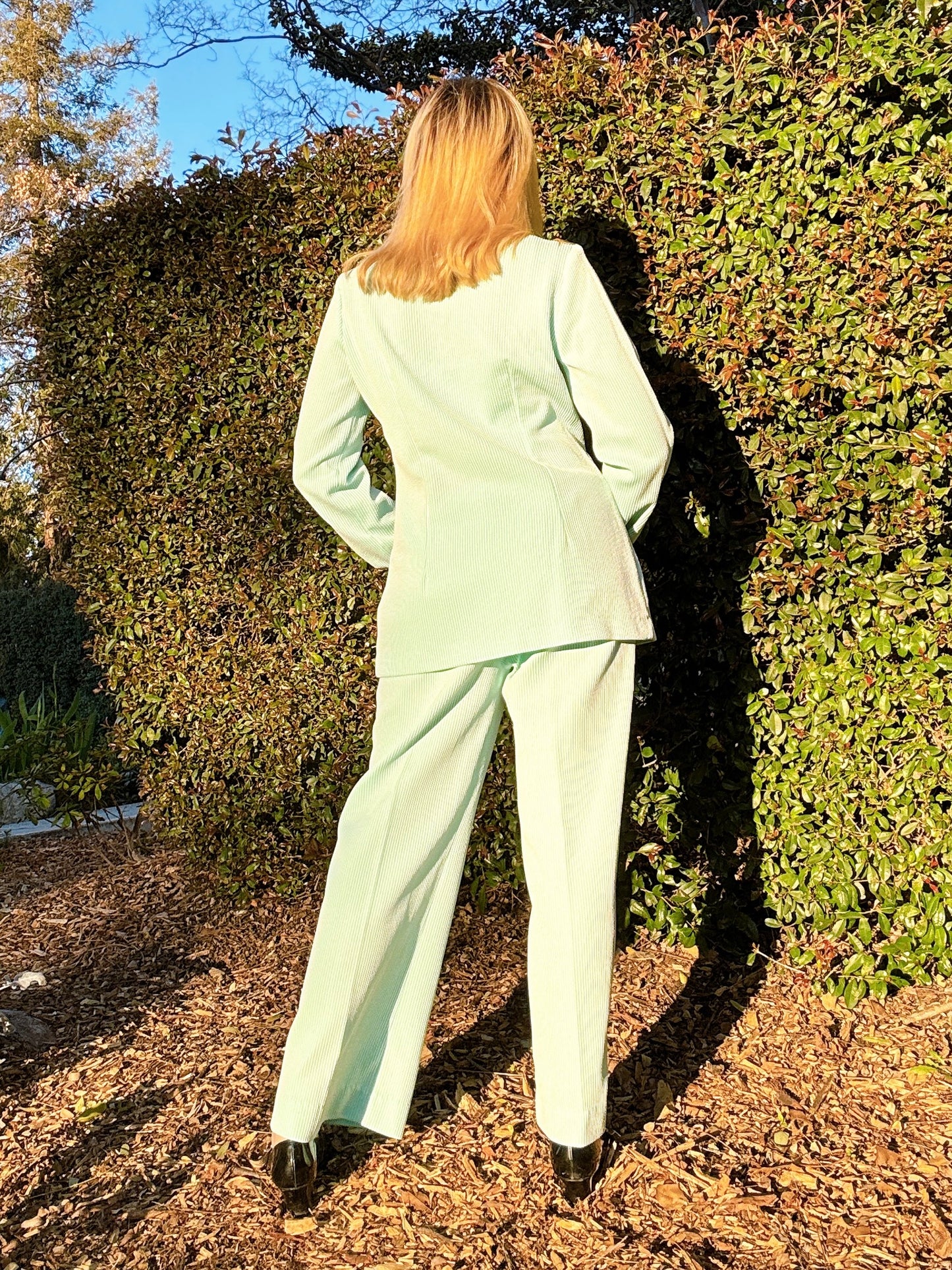 1970s Mint & White Pinstripe Top & Flared Pants Two Piece Set