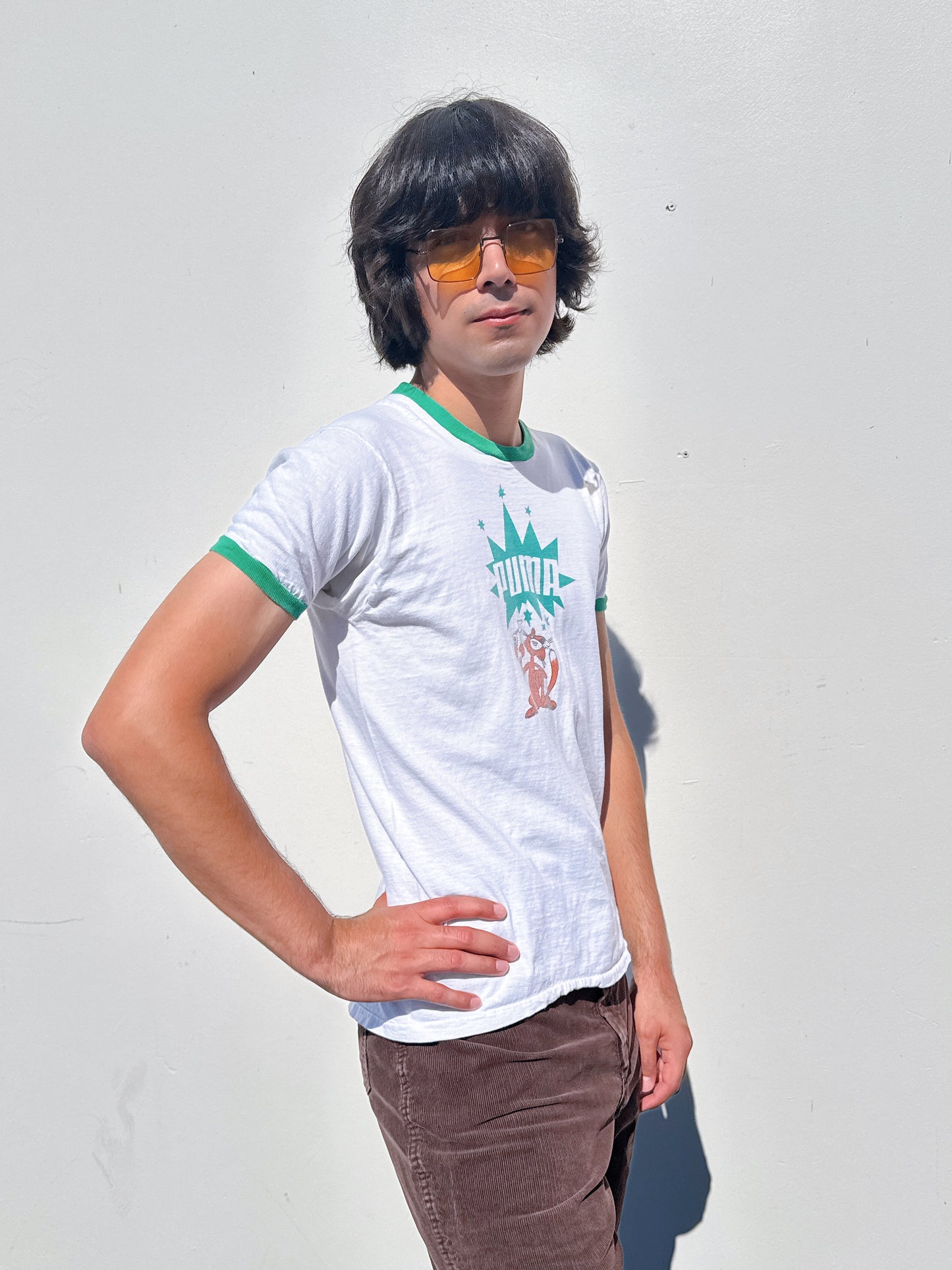 1970s 1980s Puma Panther Pistol White & Green Ringer T-Shirt