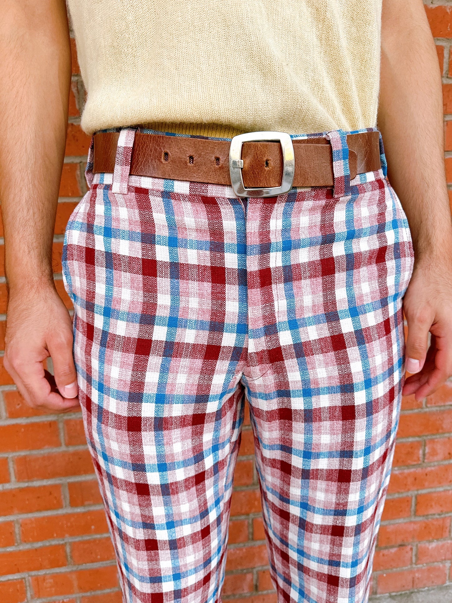 1970s Burgundy, Blue, & White Plaid Flare Leg Pants by Hathaway OtherWear 34x31