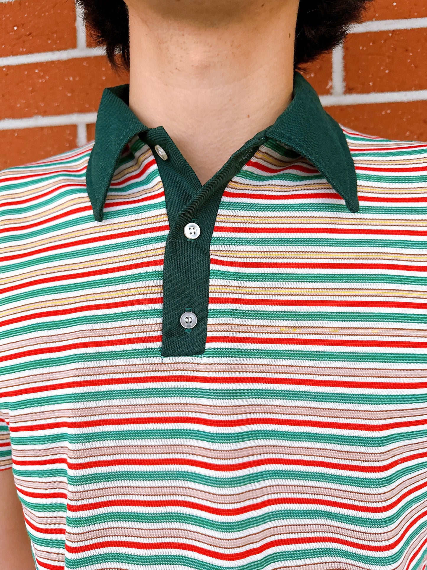1970s Green, Yellow, Red Striped Knit Polo Top