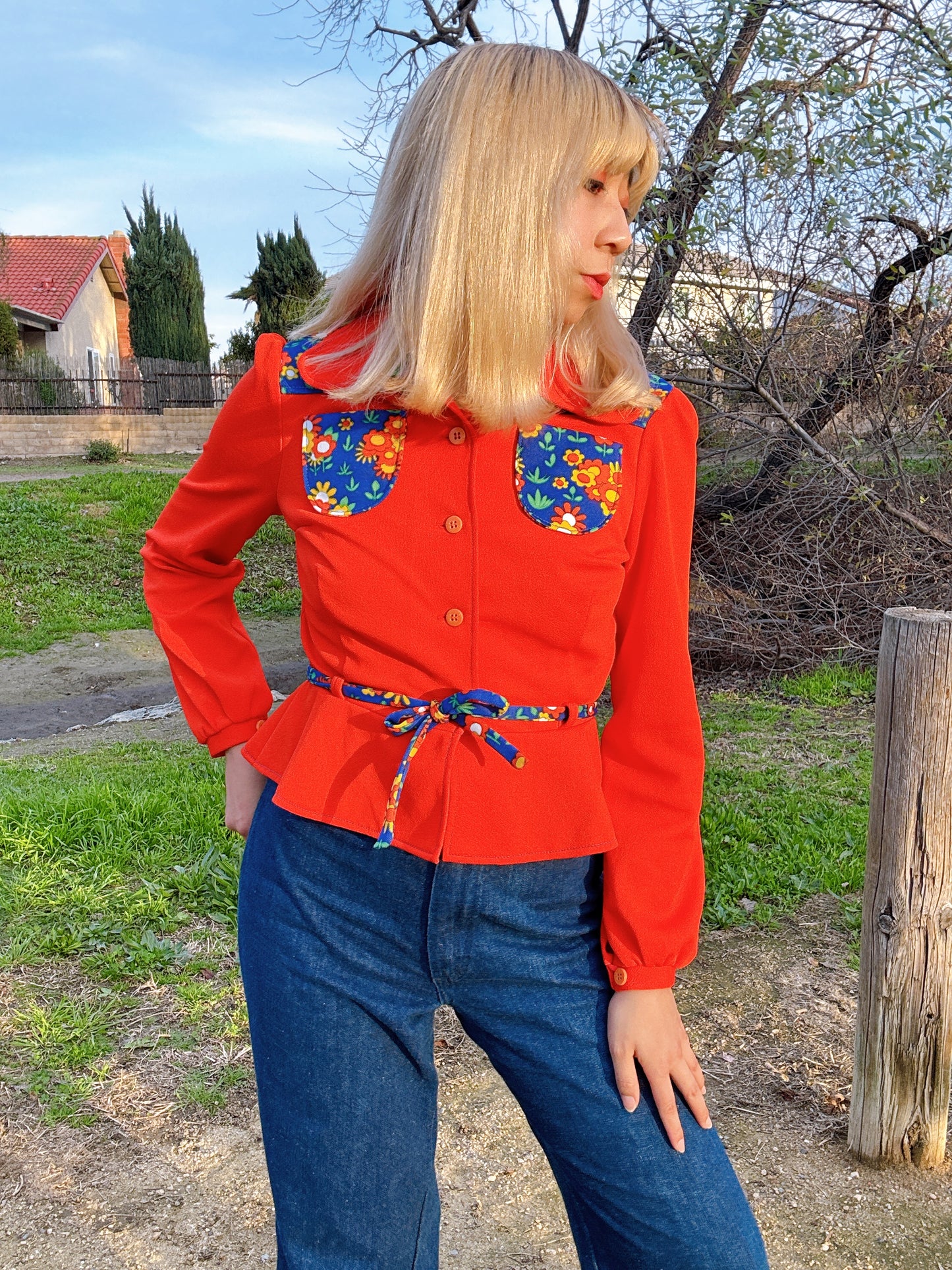 1970s Blue Floral & Red Polyester Peplum Top with Beagle Collar