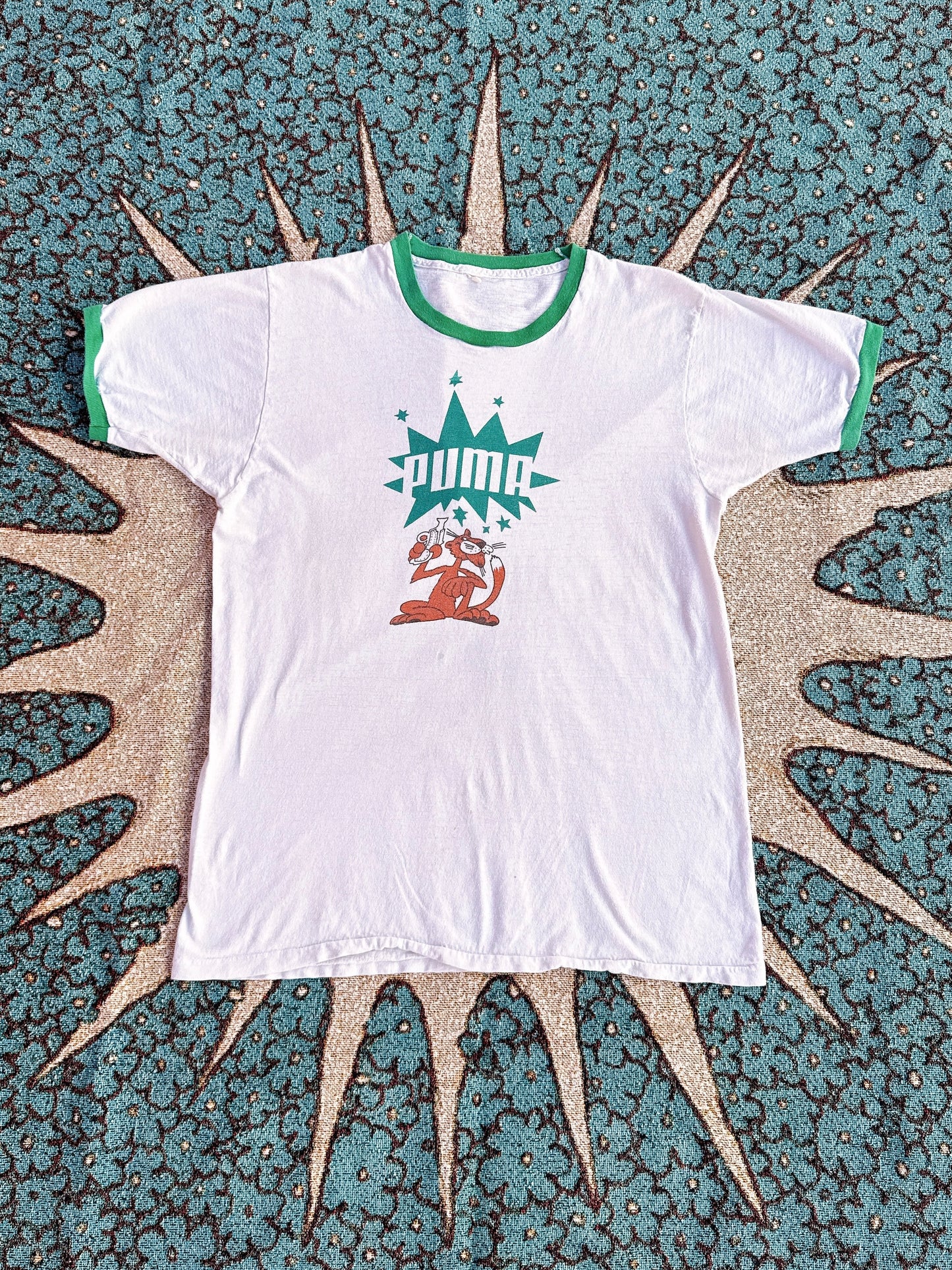 1970s 1980s Puma Panther Pistol White & Green Ringer T-Shirt