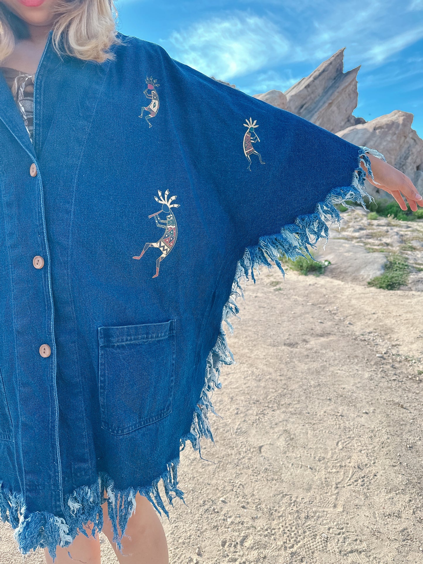 1990s Novelty Ethnic Denim Fringe Cape Jacket