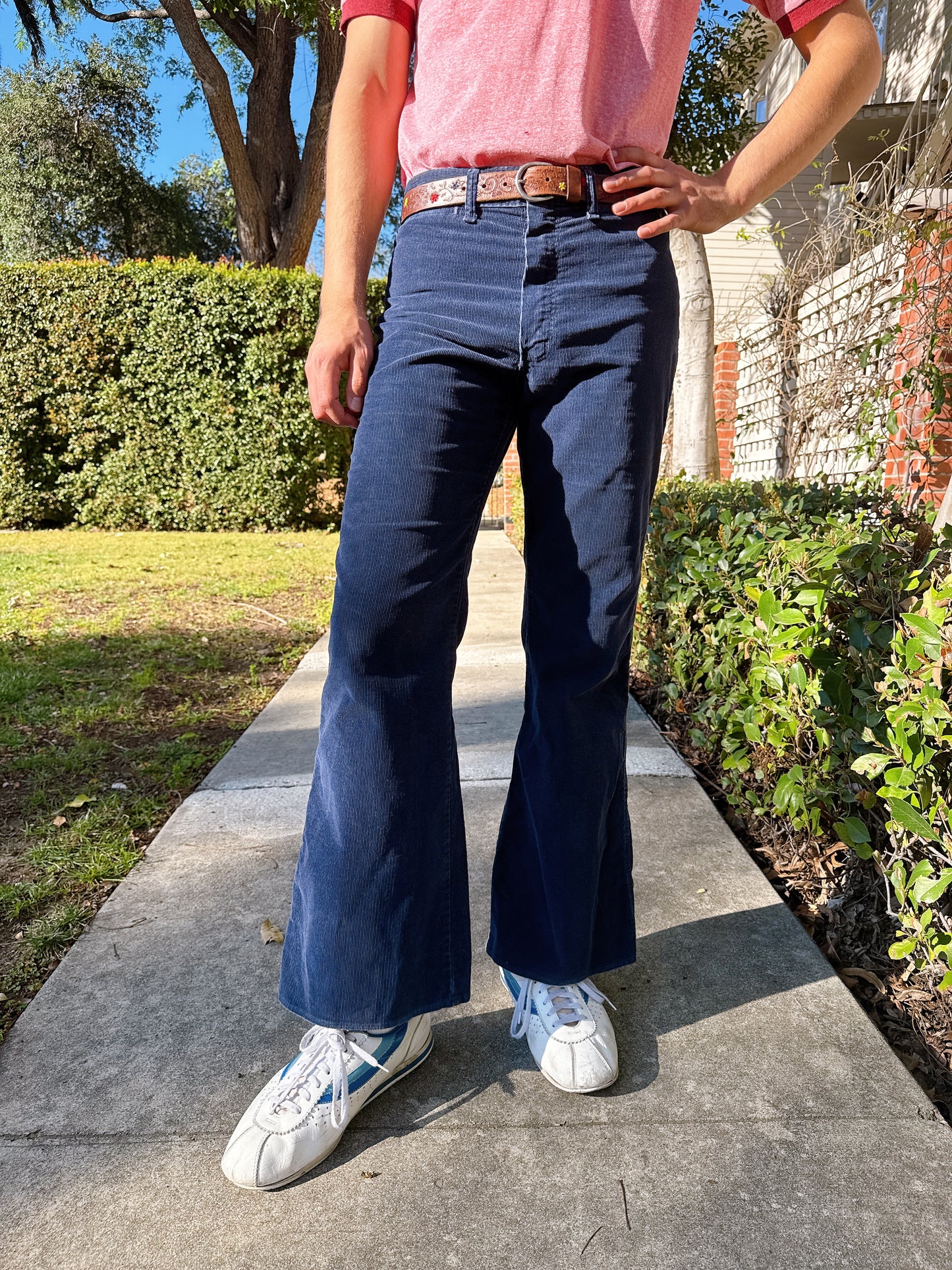 1970s Navy Corduroy Flared Pants w/ Embroidered Shooting Star Novelty Back Pocket Stitching by Sedgefield