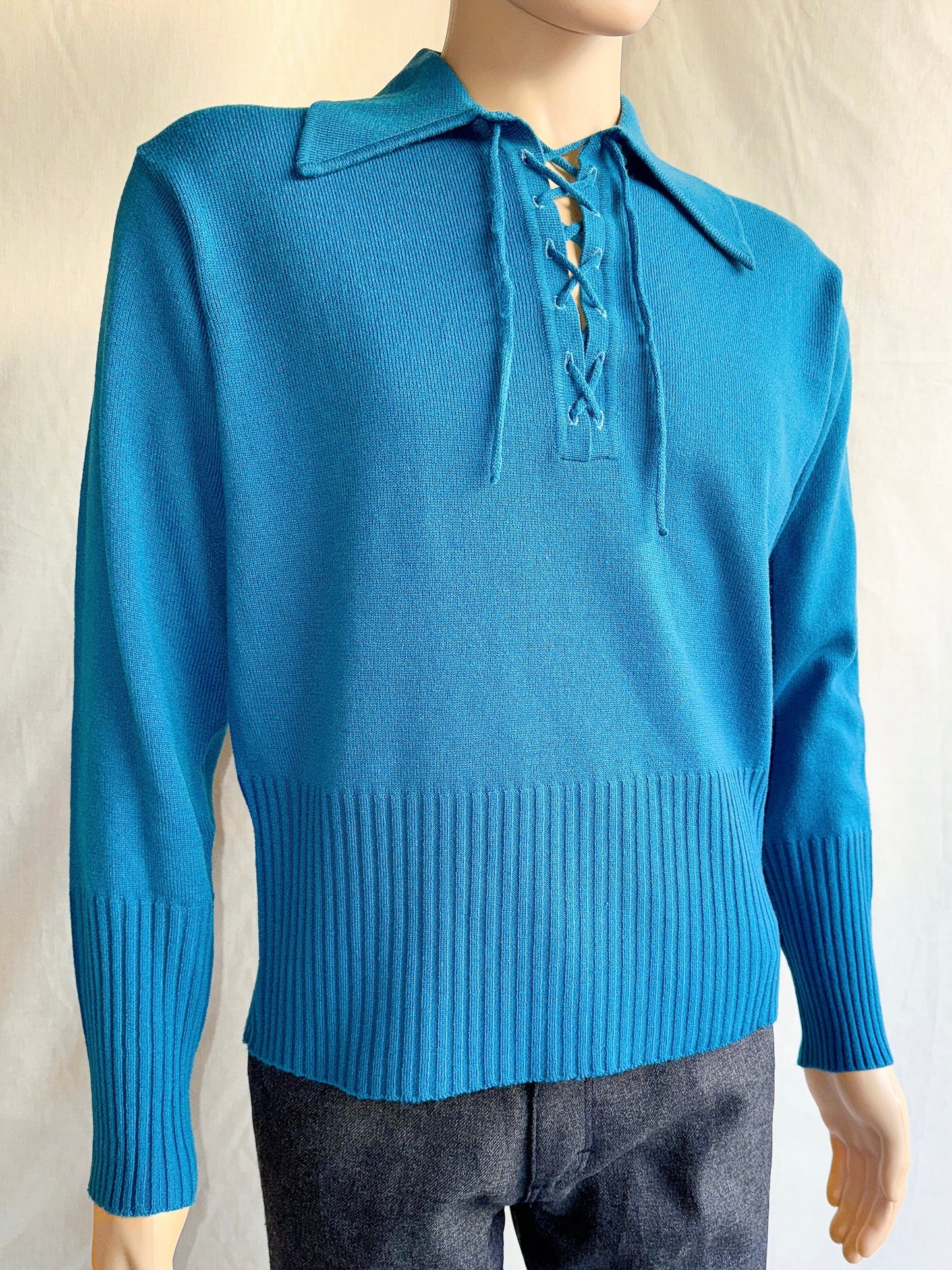 1970s Blue Dagger Collar Lace Up Acrylic Top