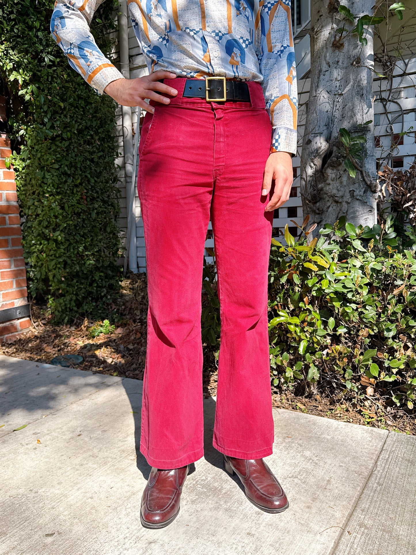 1970s High Waisted Burgundy Brushed Cotton Flared Pants + Wide Belt Loops
