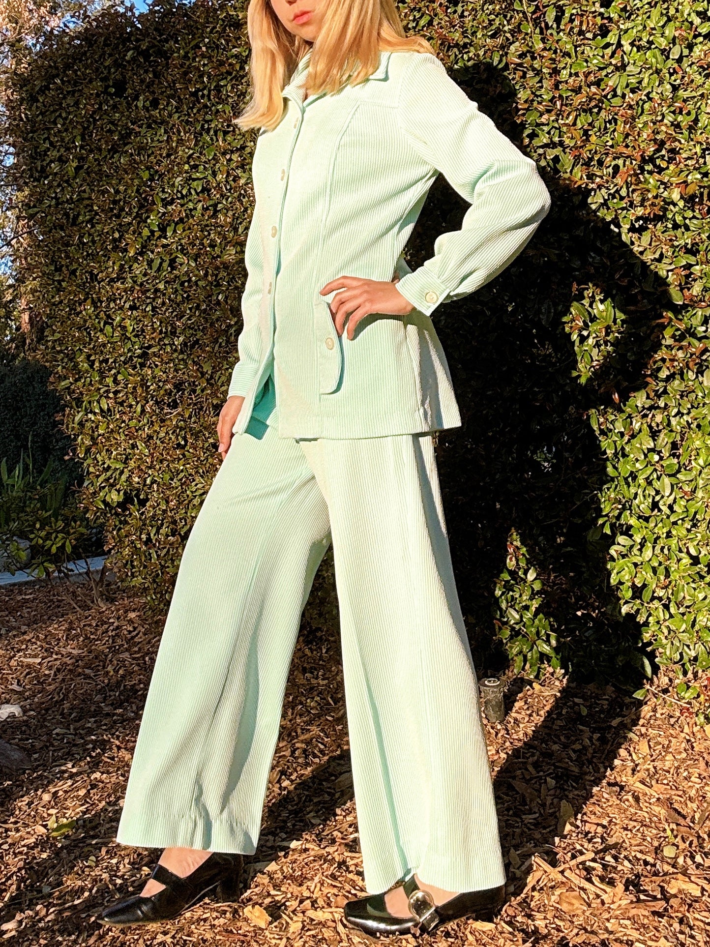 1970s Mint & White Pinstripe Top & Flared Pants Two Piece Set