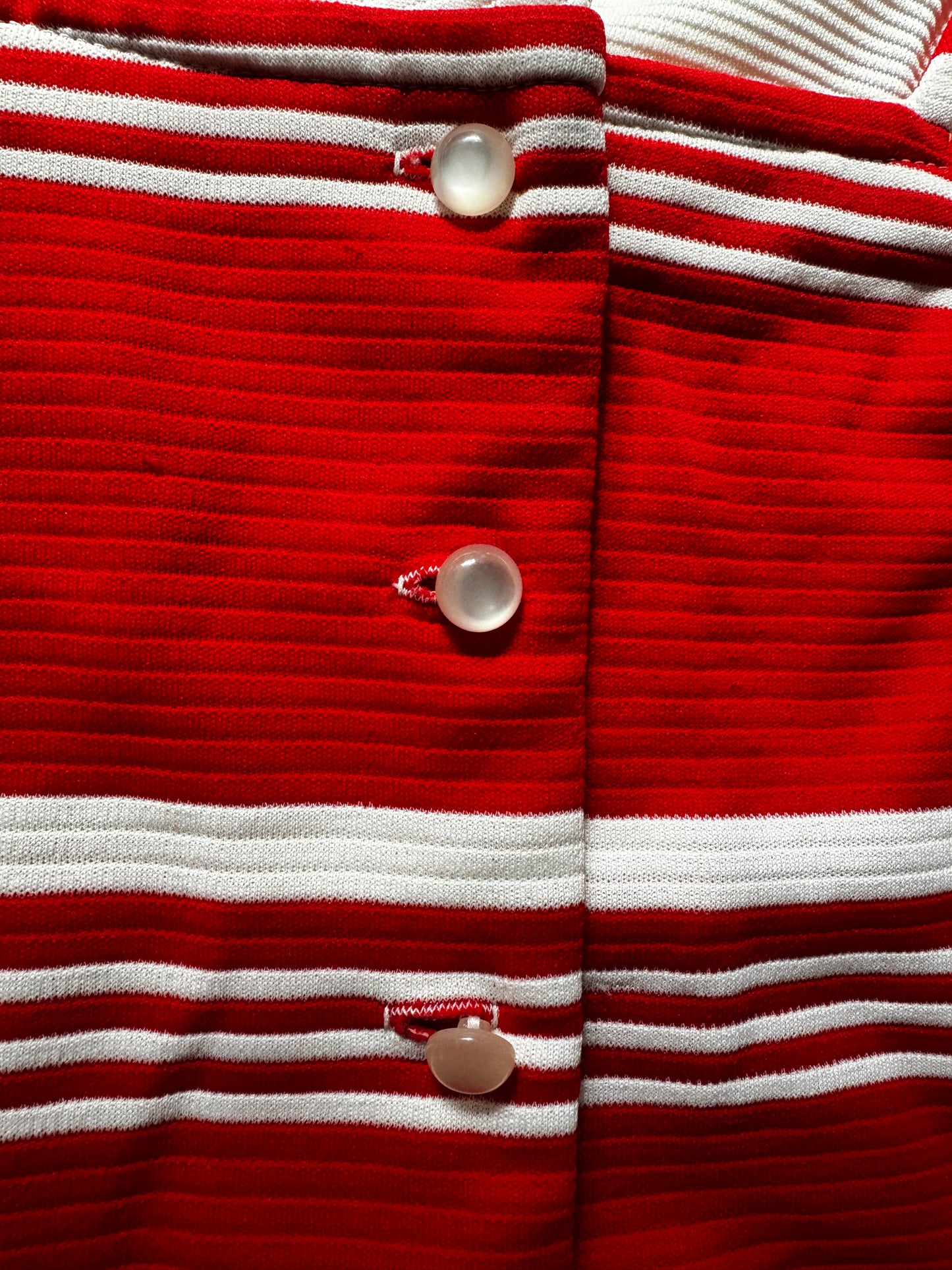 1970s Red and White Big Collar Striped Polyester Top