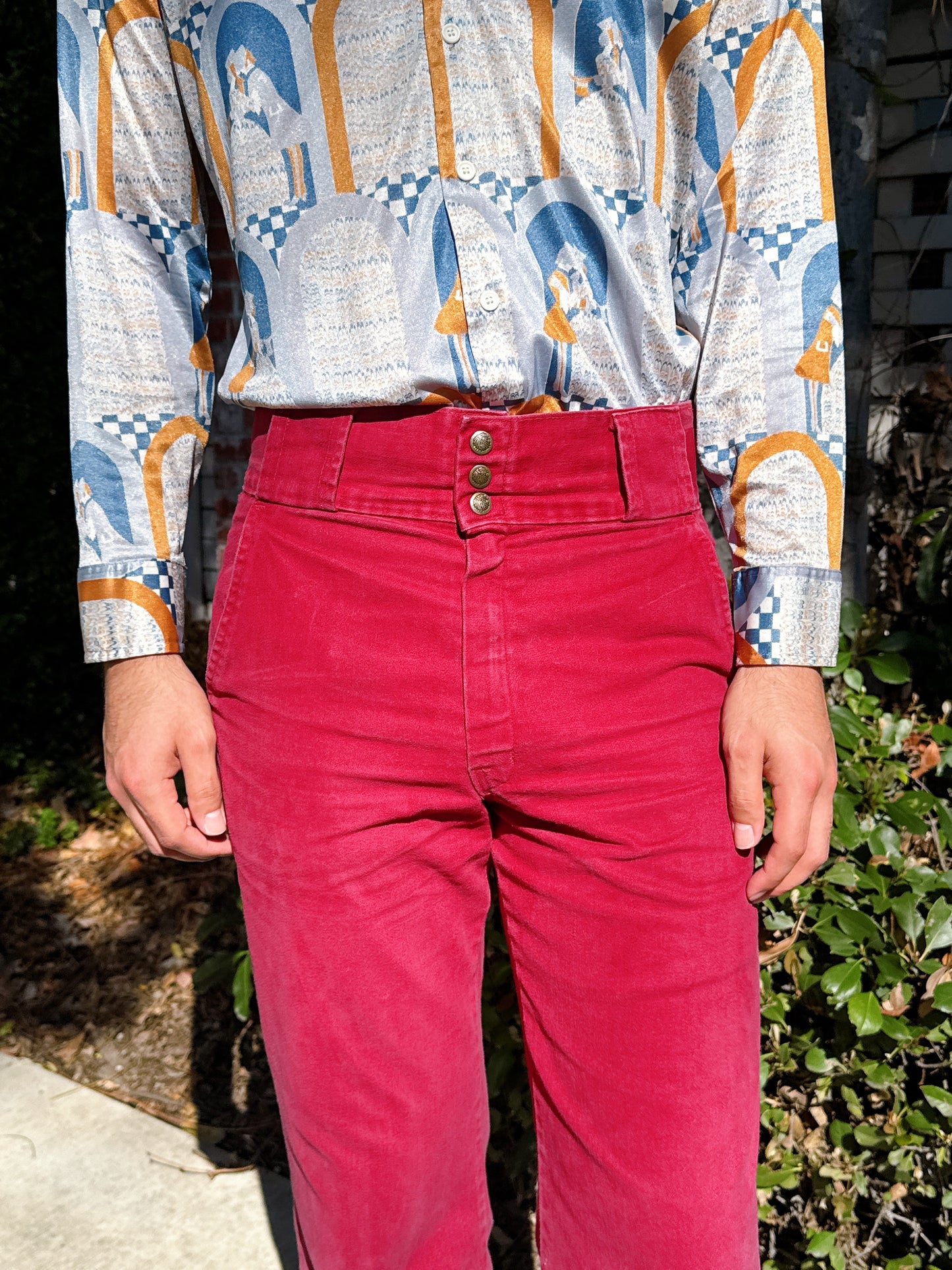 1970s High Waisted Burgundy Brushed Cotton Flared Pants + Wide Belt Loops