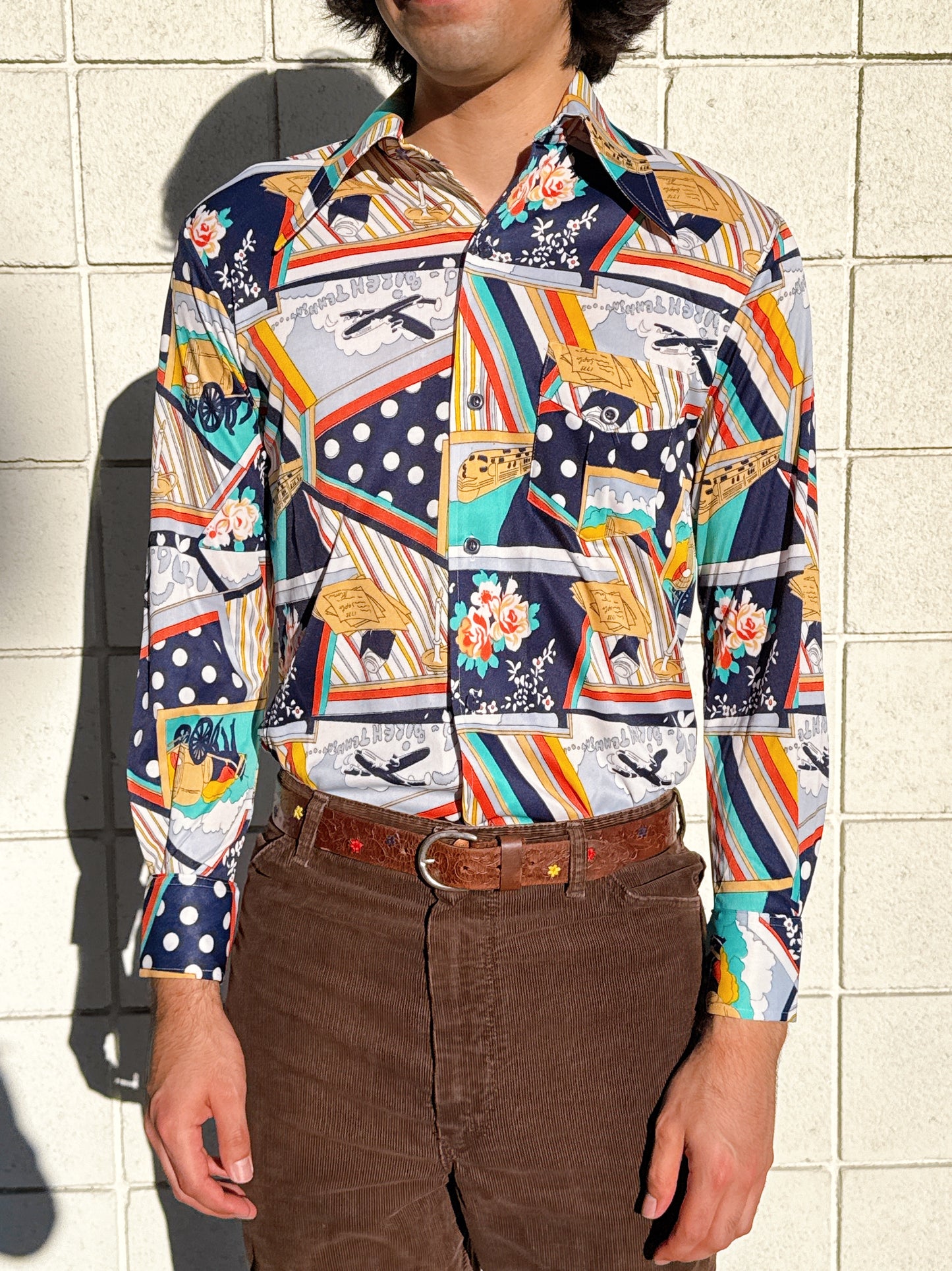 1970s Bicentennial Novelty Abstract Nylon Button Up Top