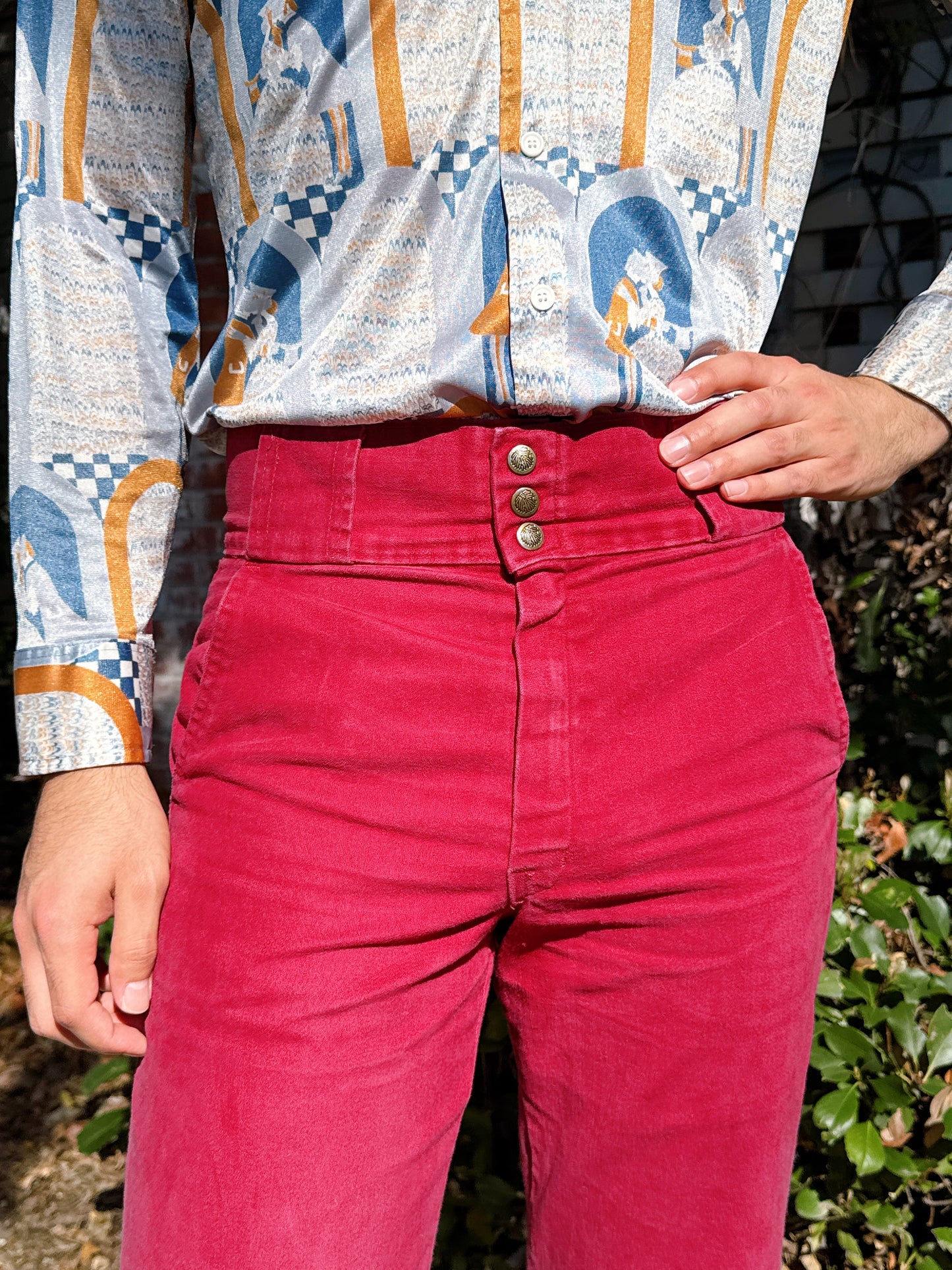 1970s High Waisted Burgundy Brushed Cotton Flared Pants + Wide Belt Loops